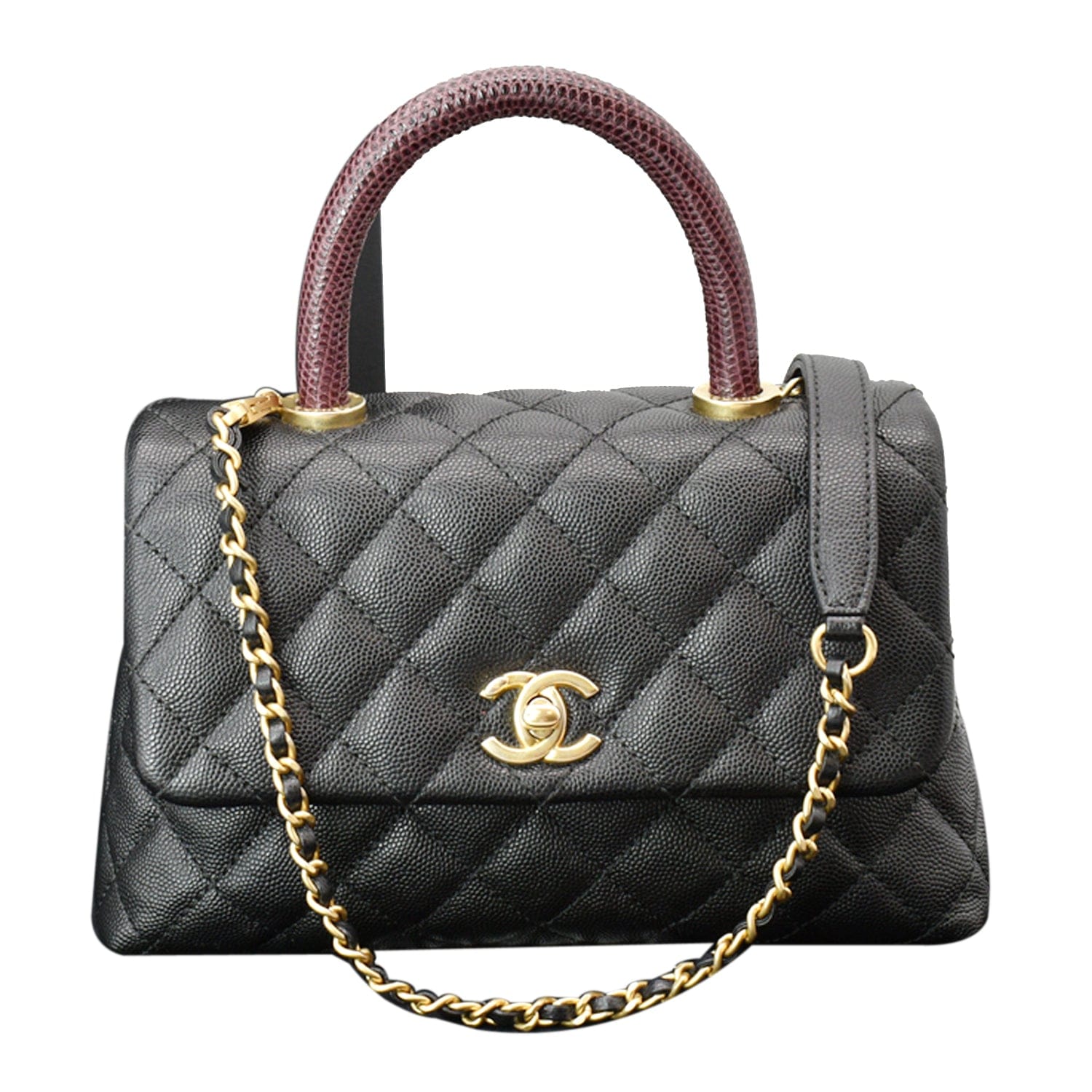 Chanel Coco Top Lizard Handle Caviar Shoulder Bag Leather Black