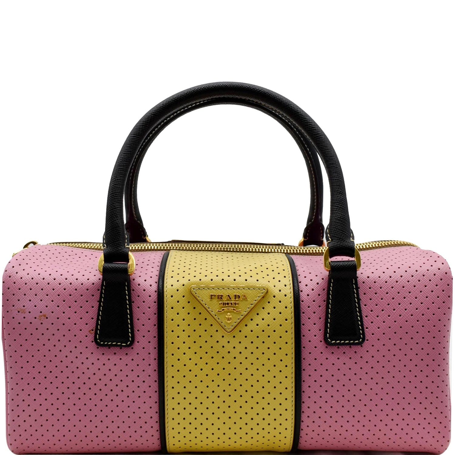 Prada Bowling Perforated Saffiano Satchel Bag Yellow Leather Pink Travel Bag