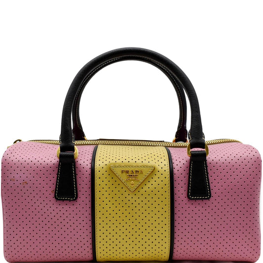 Prada Bowling Perforated Saffiano Satchel Bag Yellow Leather Pink Travel Bag