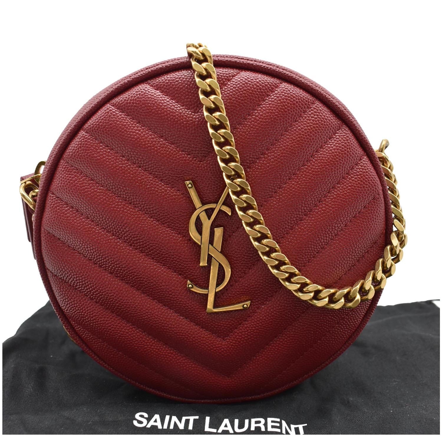 YSL Saint Laurent Saint Vinyle Round Chevron Camera Crossbody Bag Leather Red