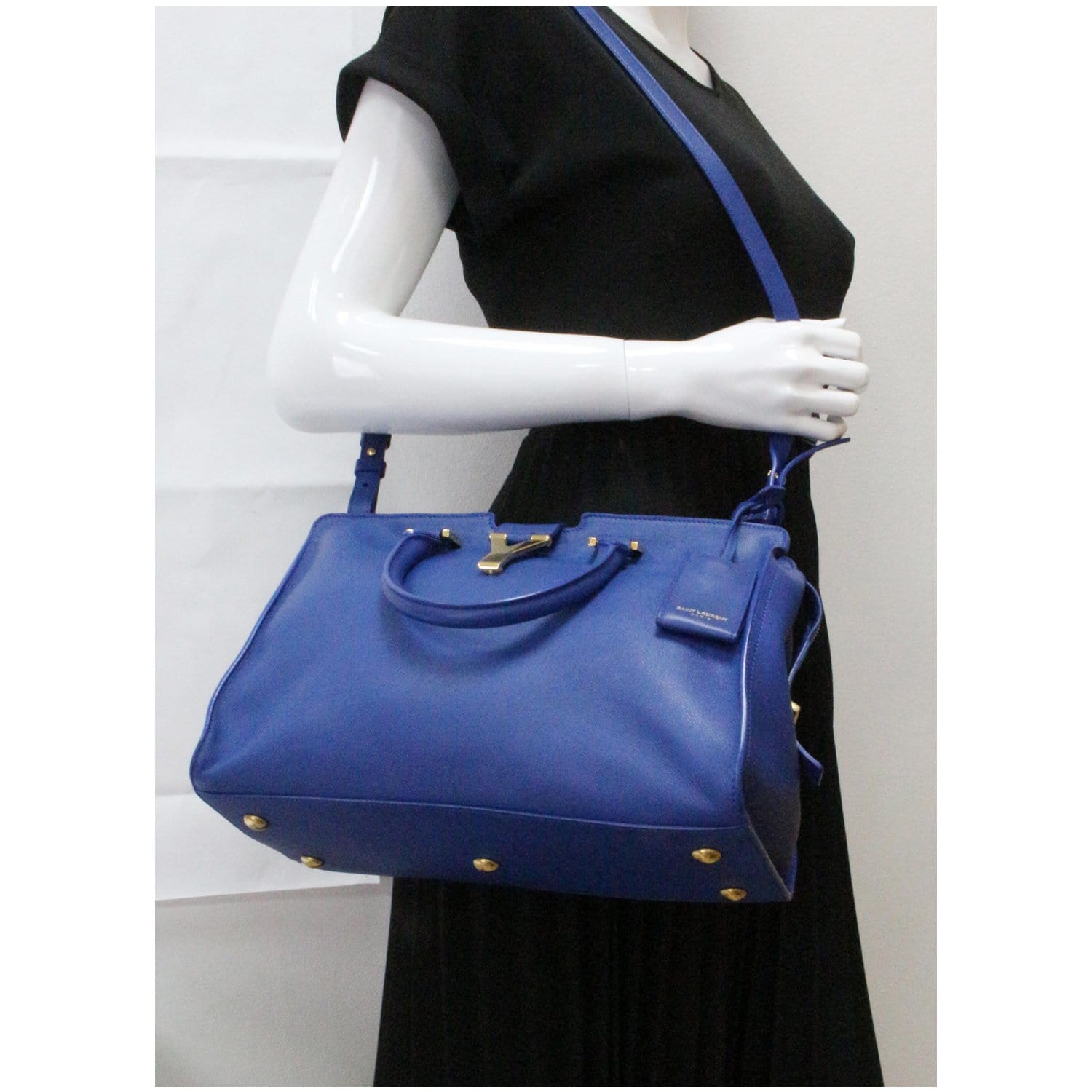 YSL Saint Laurent Saint Cabas Calfskin Tote Shoulder Bag Leather Blue