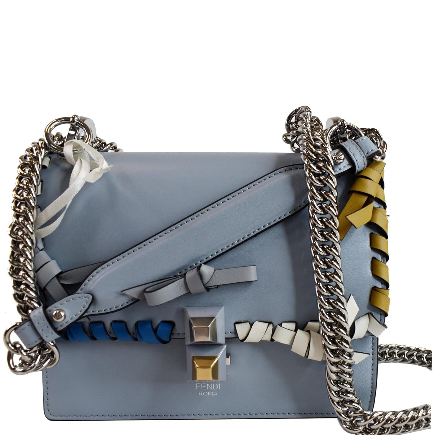 Fendi Vitello Liberty Whipstitch Bow Kan Shoulder Bag Blue Small