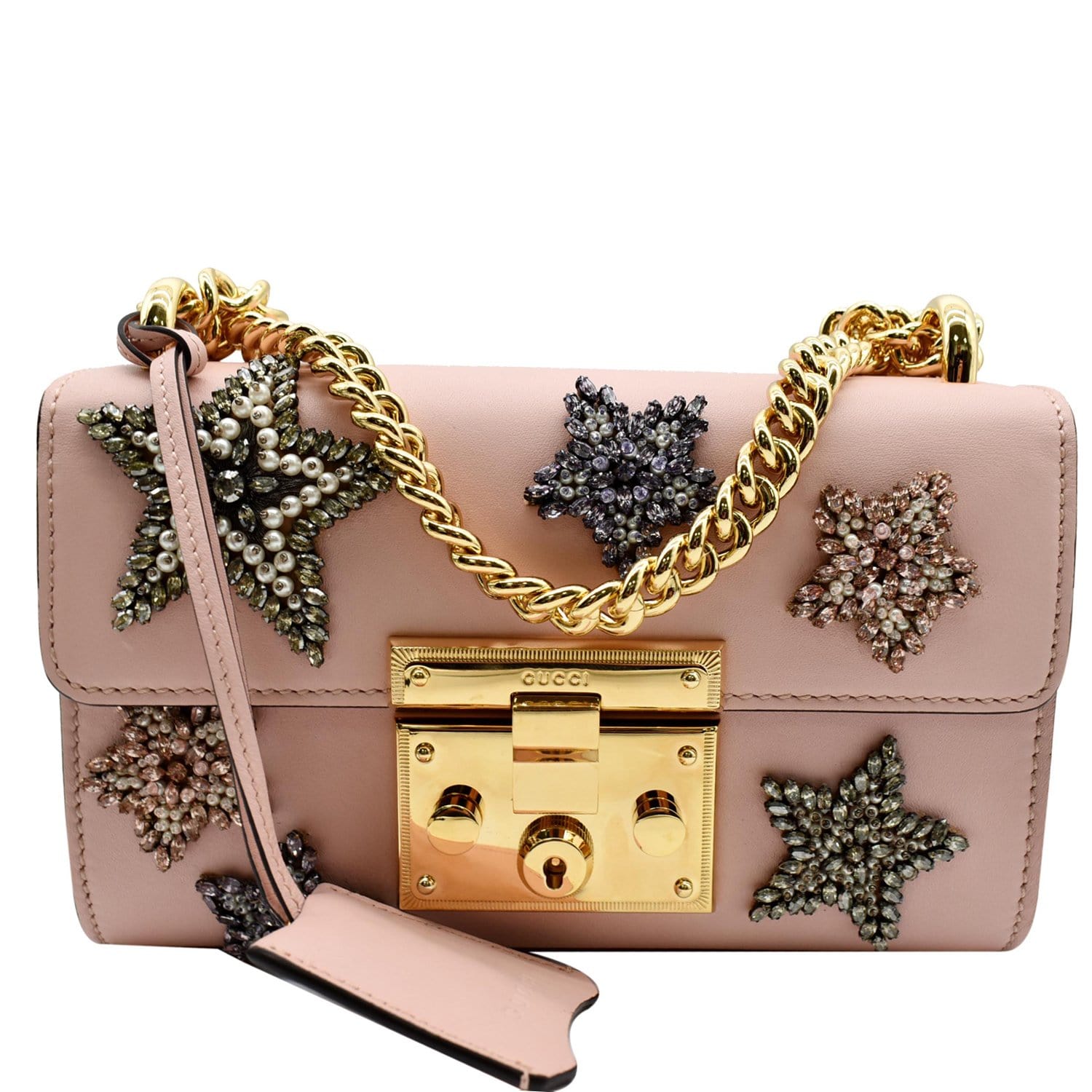 Gucci Crystal Star Embroidered Padlock Shoulder Bag Pink