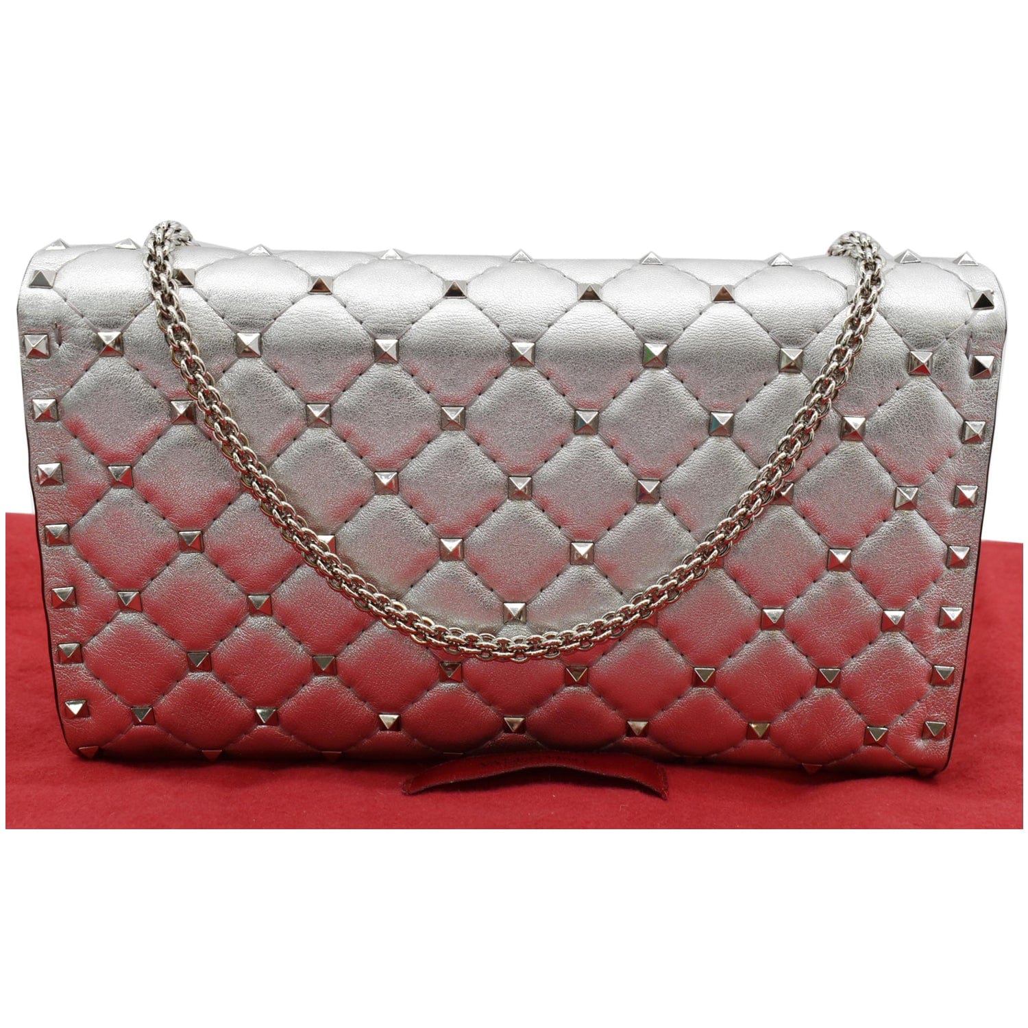 Valentino Rockstud Spike Nappa Clutch Bag Metallic Leather Silver