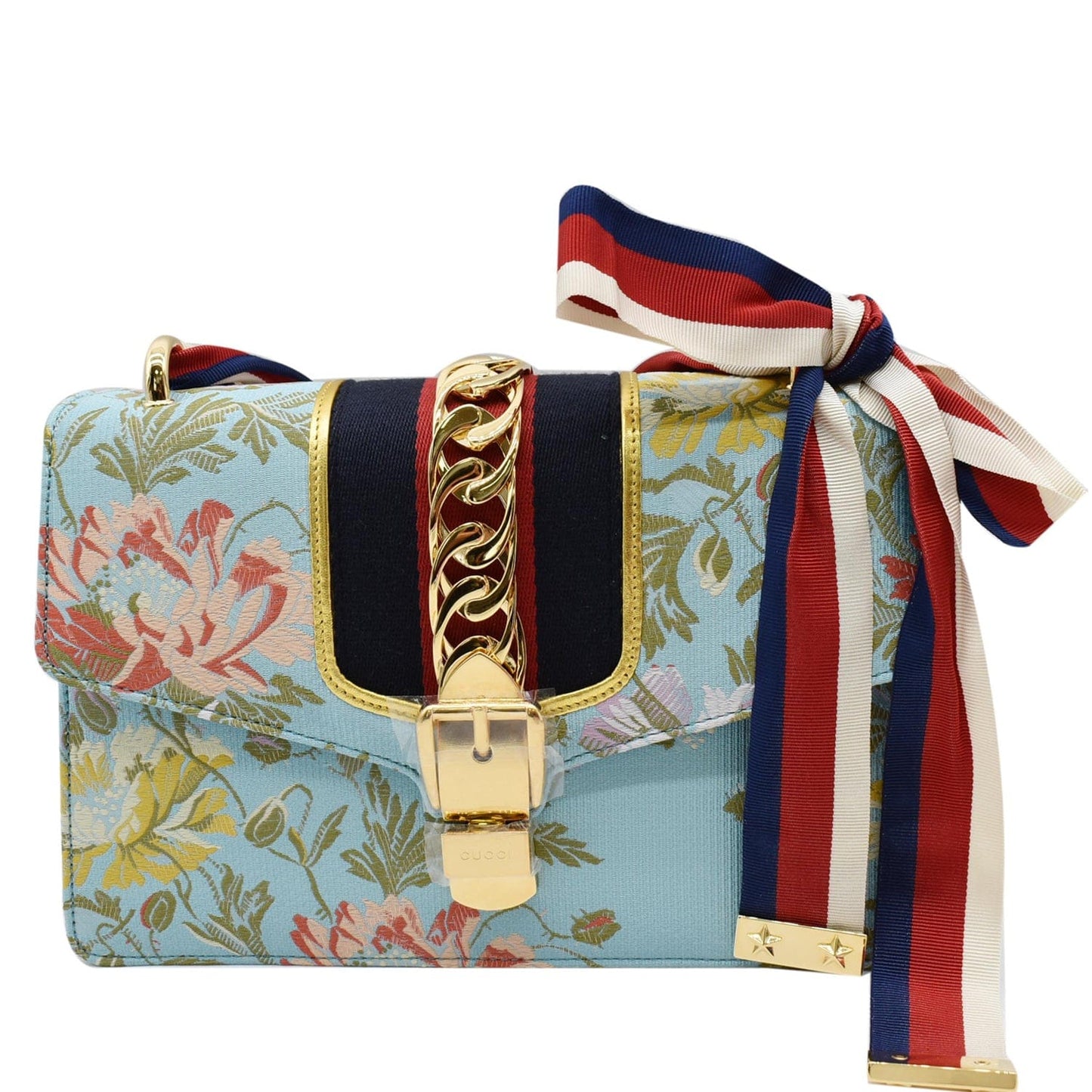 Gucci Sylvie Flora Fabric Top Handle Bag Light Canvas Blue Travel Bag