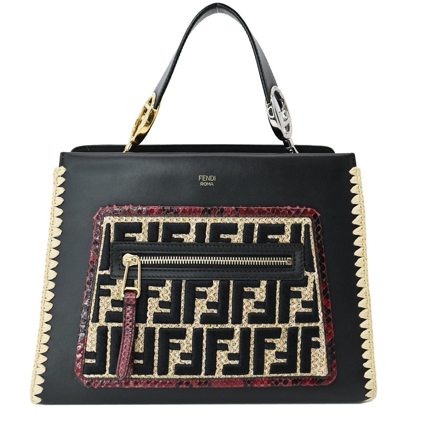 Fendi Embroidered Python Shoulder Bag Leather Raffia