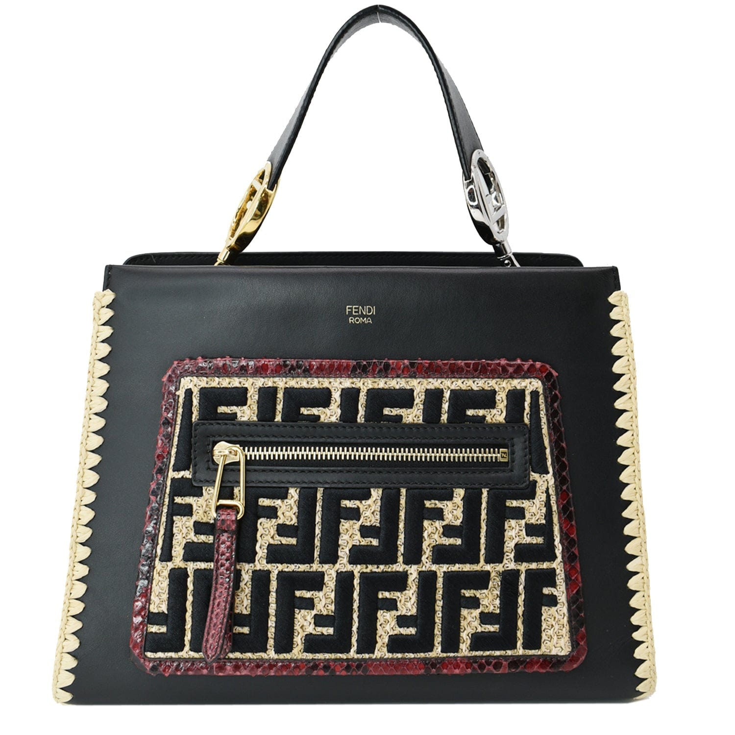 Fendi Embroidered Python Shoulder Bag Leather Raffia
