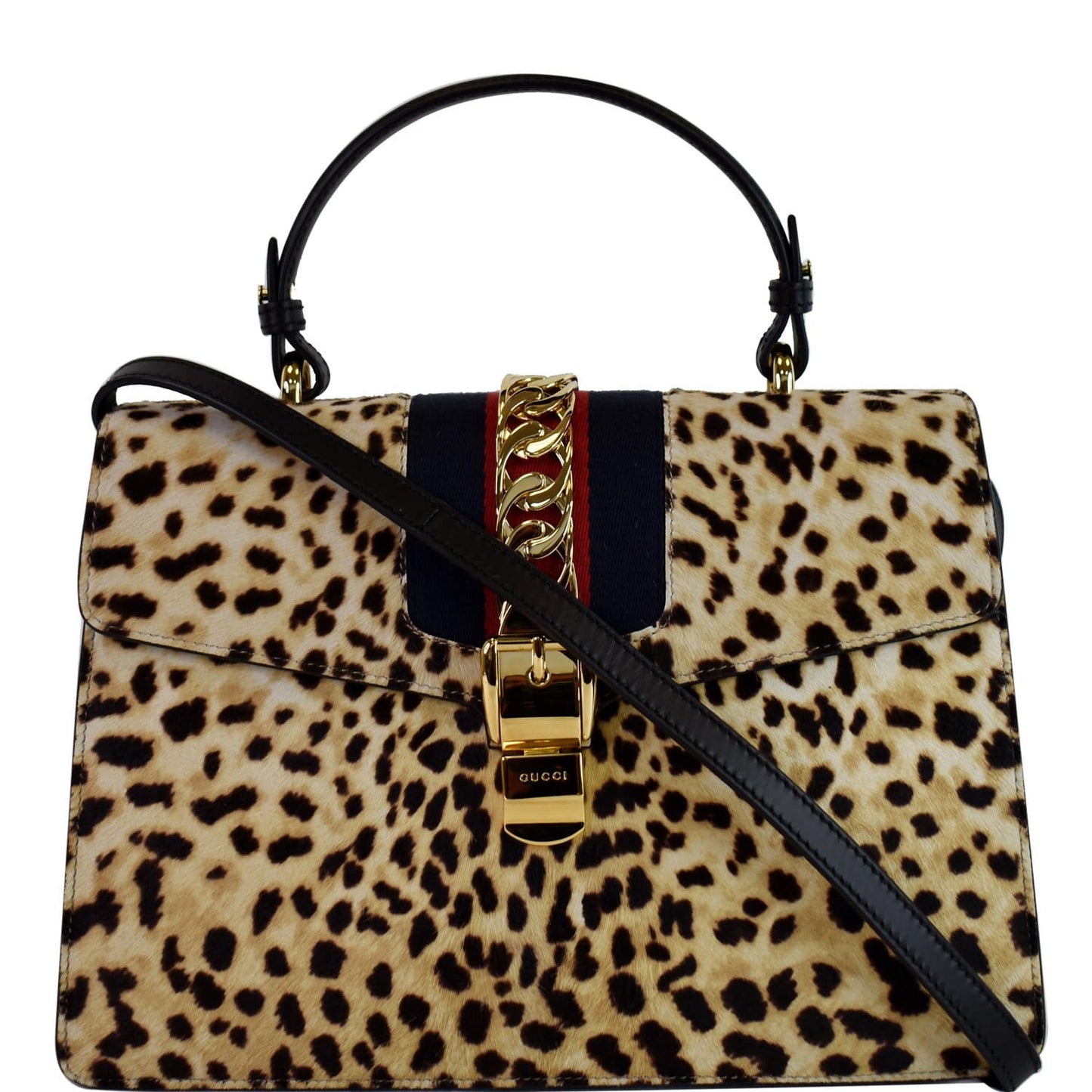 Gucci Leopard Print Sylvie Calf Hair Top Handle Beige Medium Travel Bag