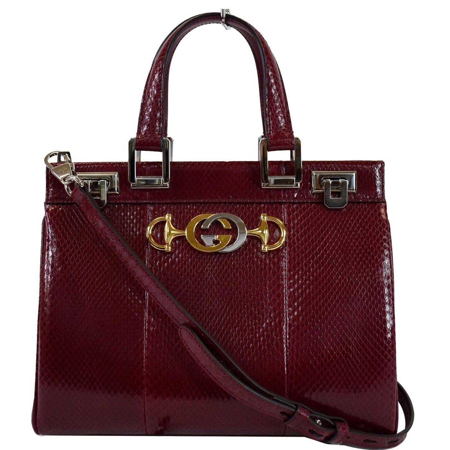Gucci Zumi Snakeskin Top Handle Bag Bordeaux Leather Small Travel Bag