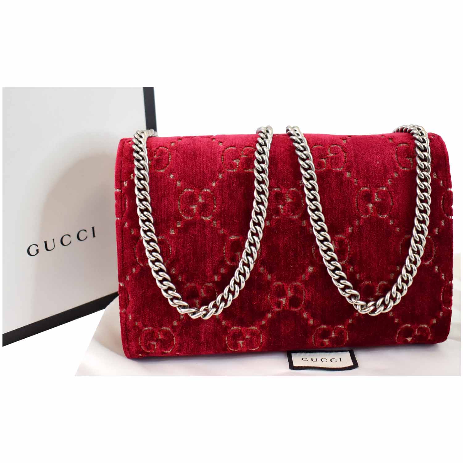 Gucci Dionysus Velvet Crossbody Chain Wallet Monogram Red Crossbody Bag