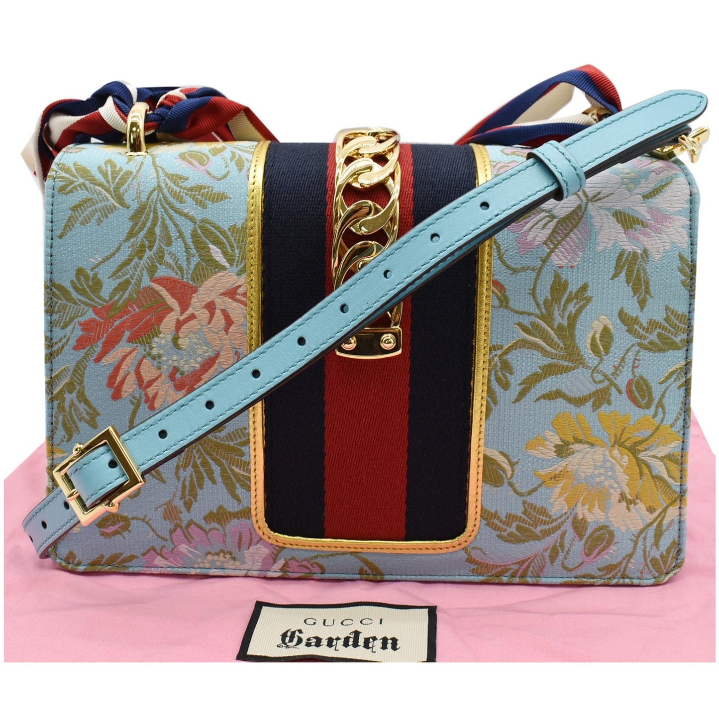 Gucci Sylvie Flora Fabric Top Handle Bag Light Canvas Blue Travel Bag