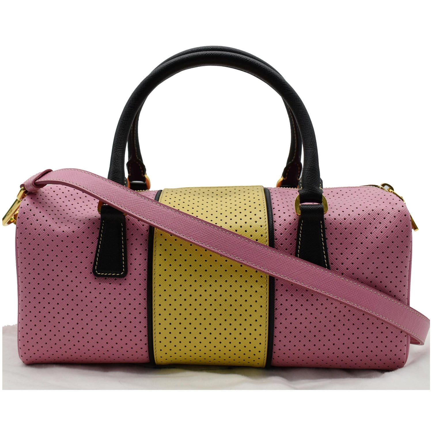 Prada Bowling Perforated Saffiano Satchel Bag Yellow Leather Pink Travel Bag