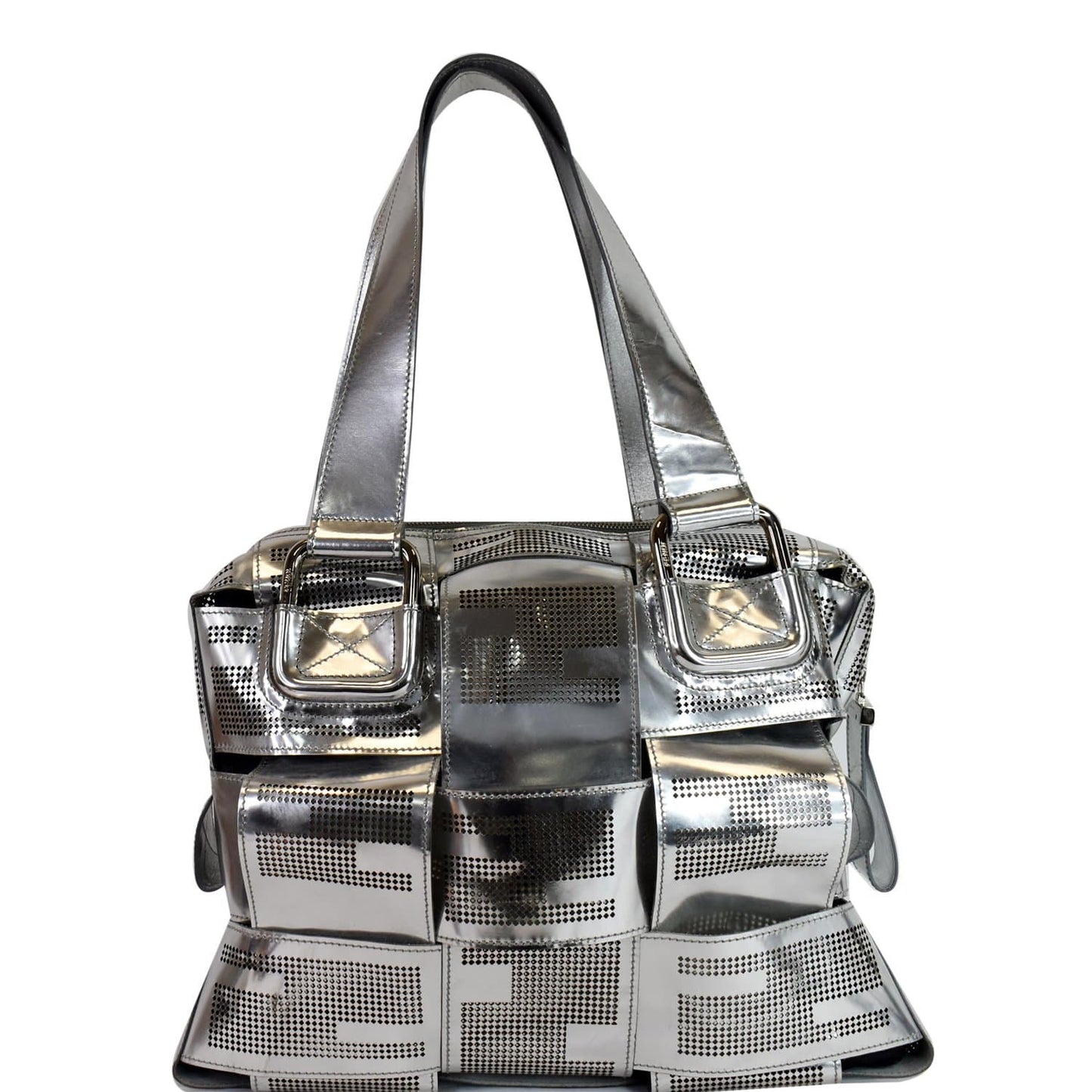 Fendi Crossword Metallic Perforated Shoulder Bag Leather Silver