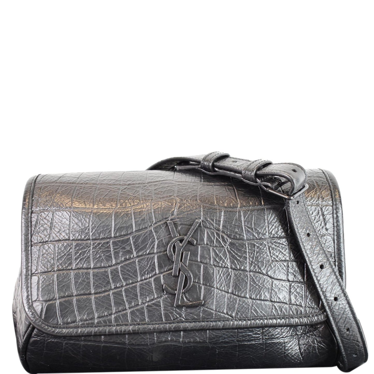 YSL Saint Laurent Saint Niki Croc Embossed Shoulder Bag Leather Black