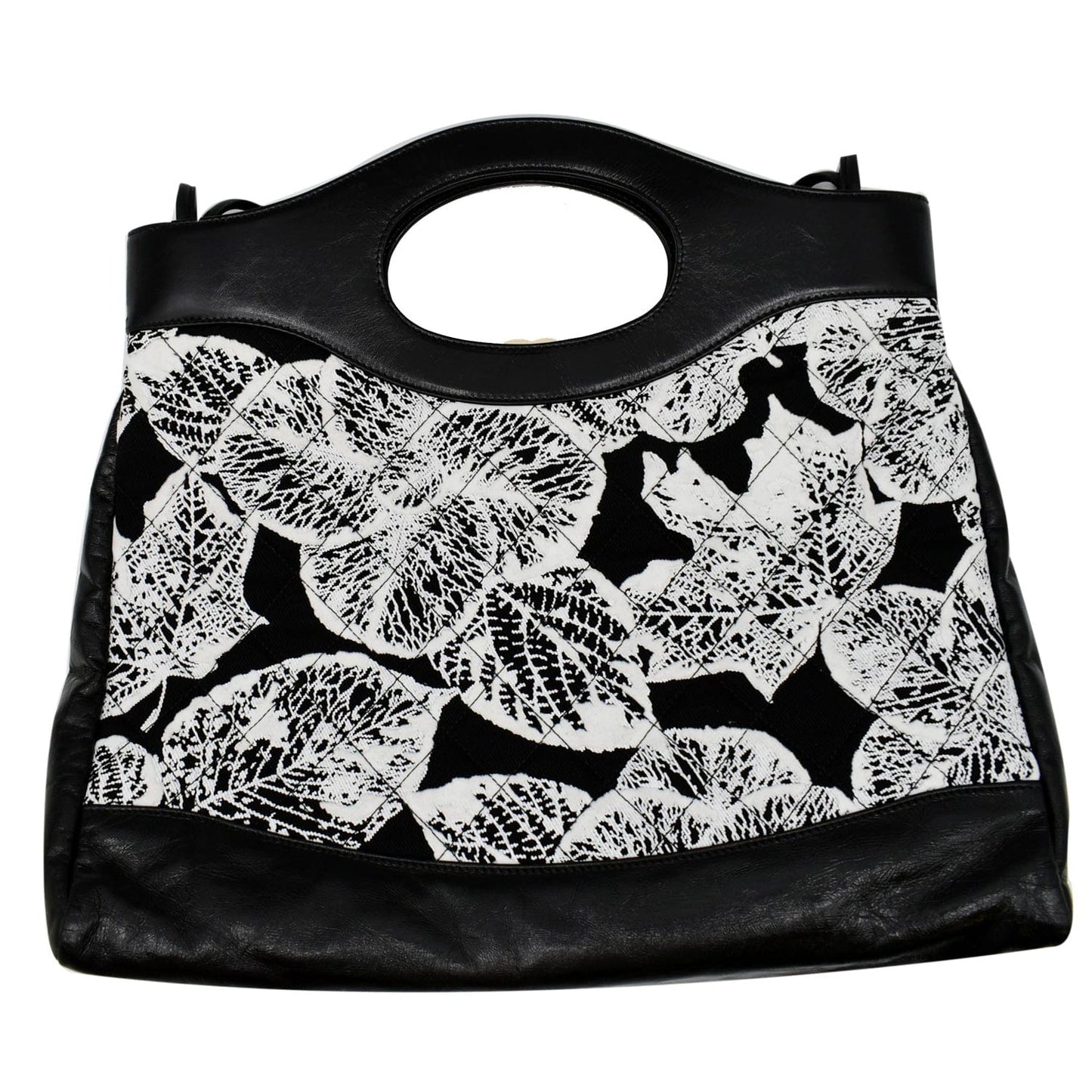 Chanel Printed Cotton Shopping Shoulder Bag Leather Black