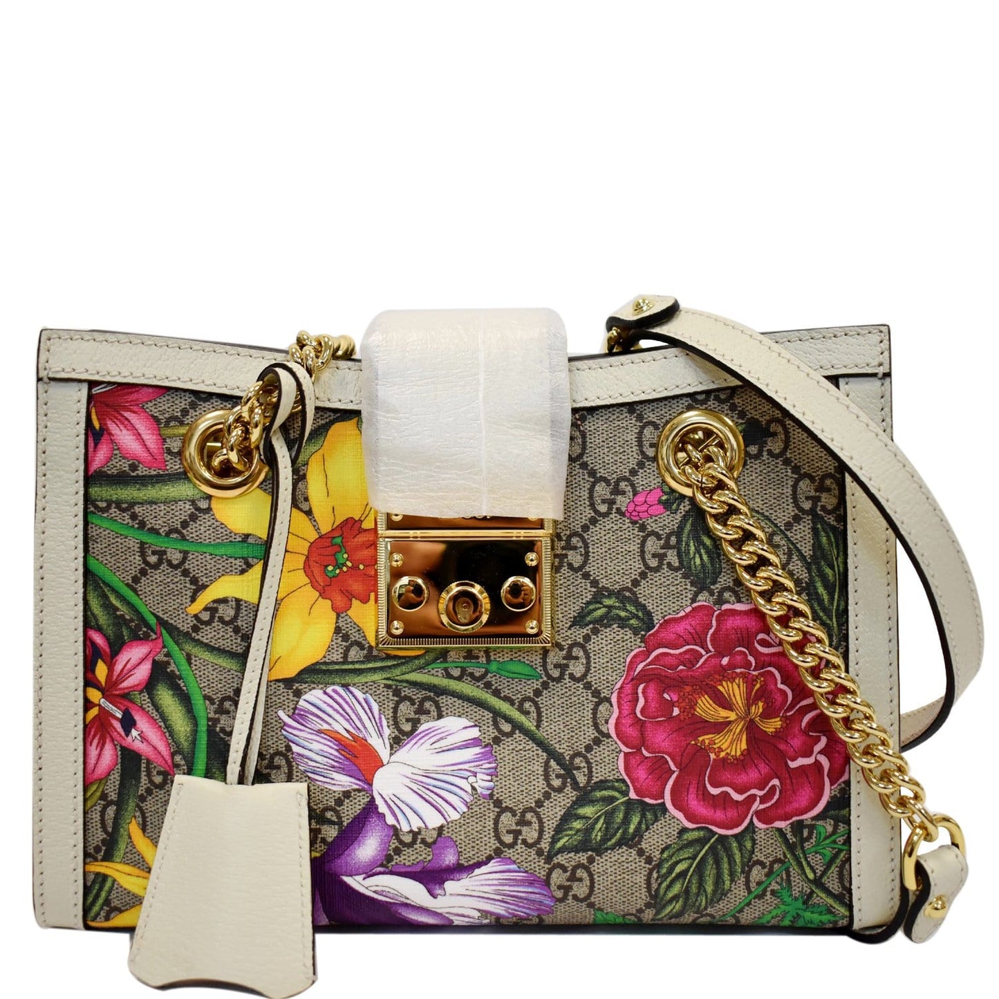 Gucci Padlock Flora Supreme Shoulder Bag Canvas Beige