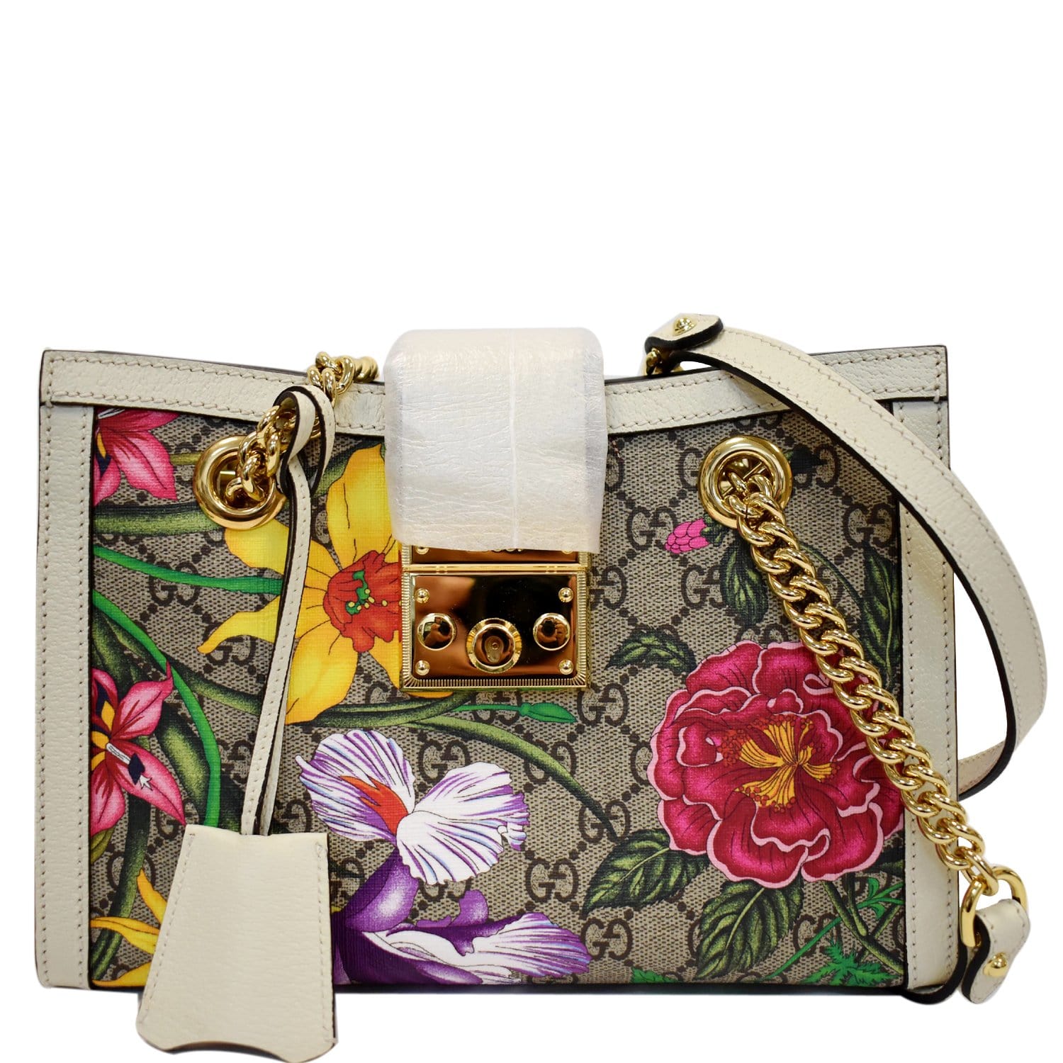 Gucci Padlock Flora Supreme Shoulder Bag Canvas Beige