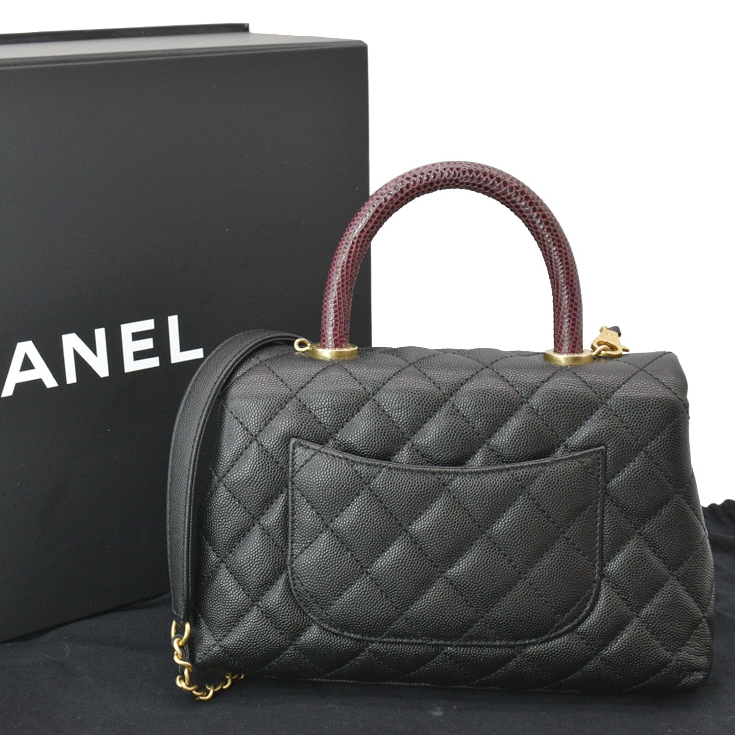 Chanel Coco Top Lizard Handle Caviar Shoulder Bag Leather Black