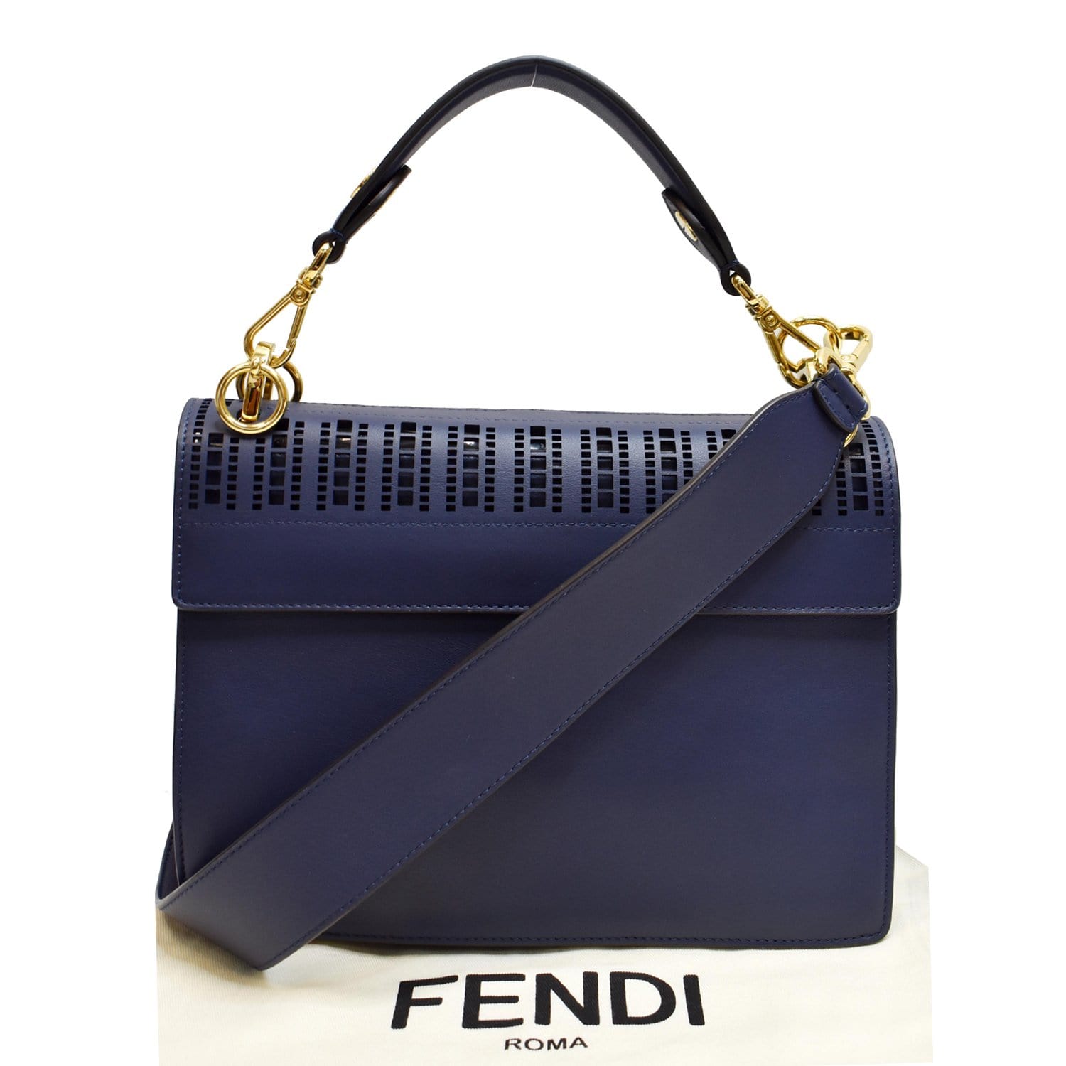 Fendi Kan Perforated Shoulder Bag Leather Blue