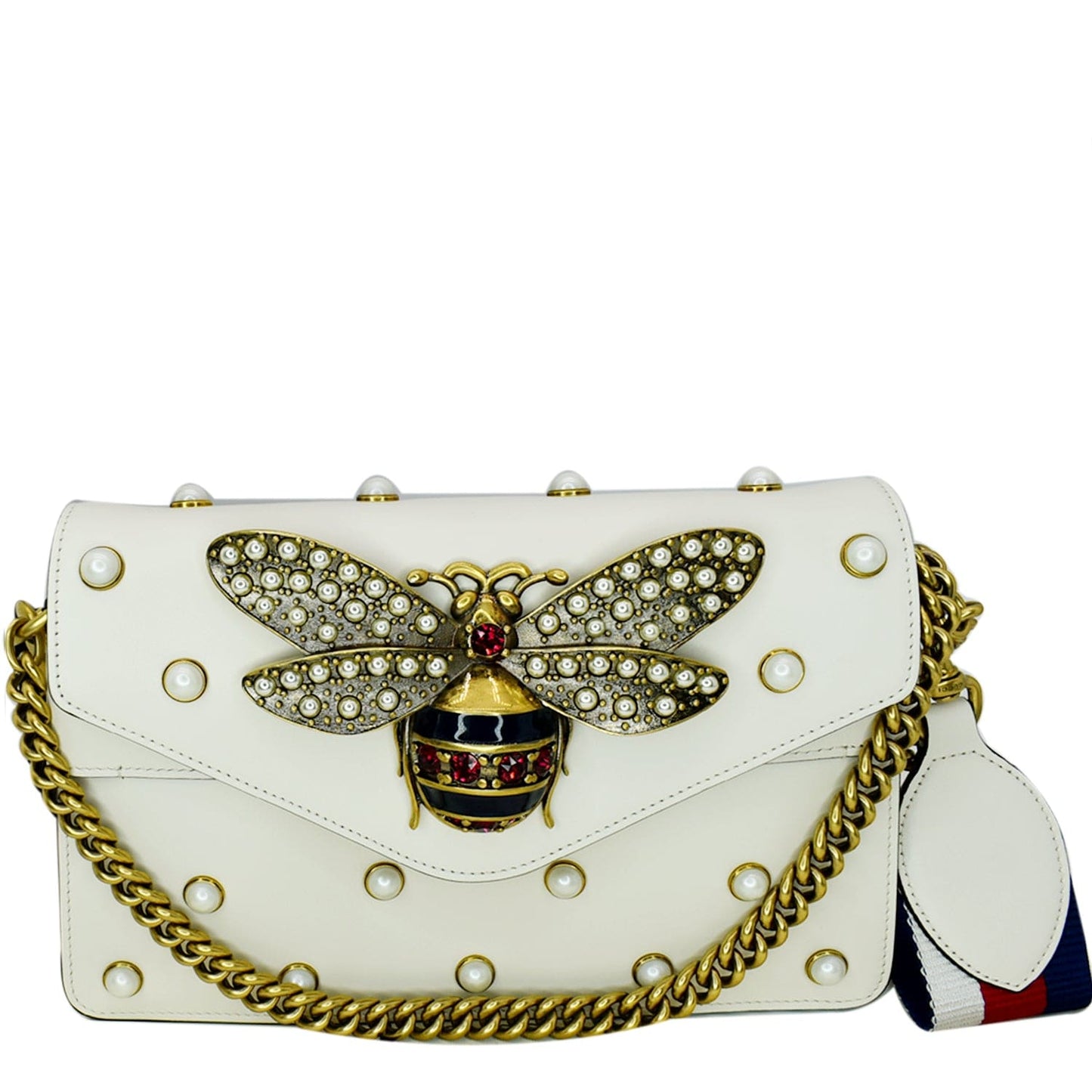 Gucci Broadway Pearl Bee Crossbody Bag Leather White