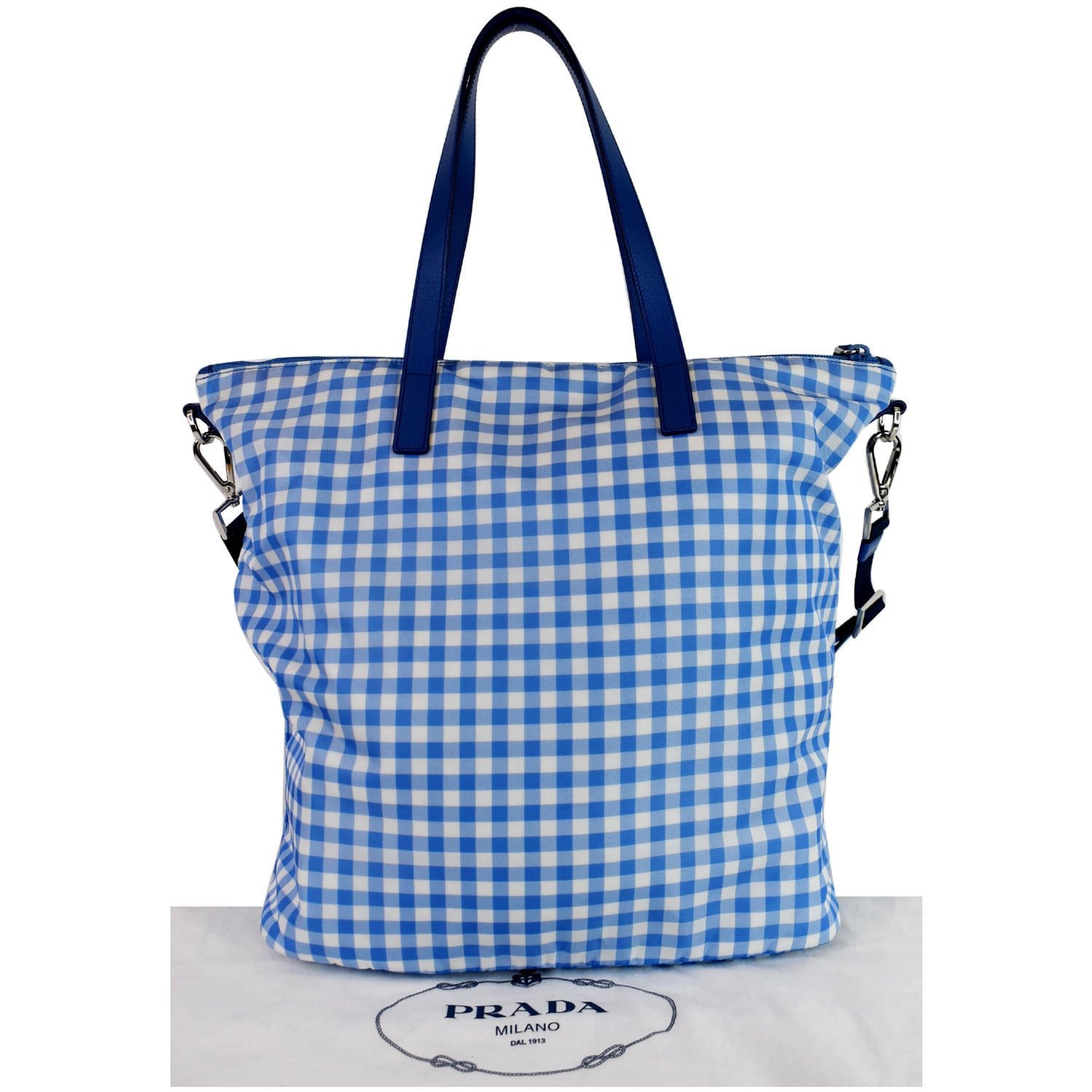 Prada Textured Check Tote Shoulder Bag Nylon Blue