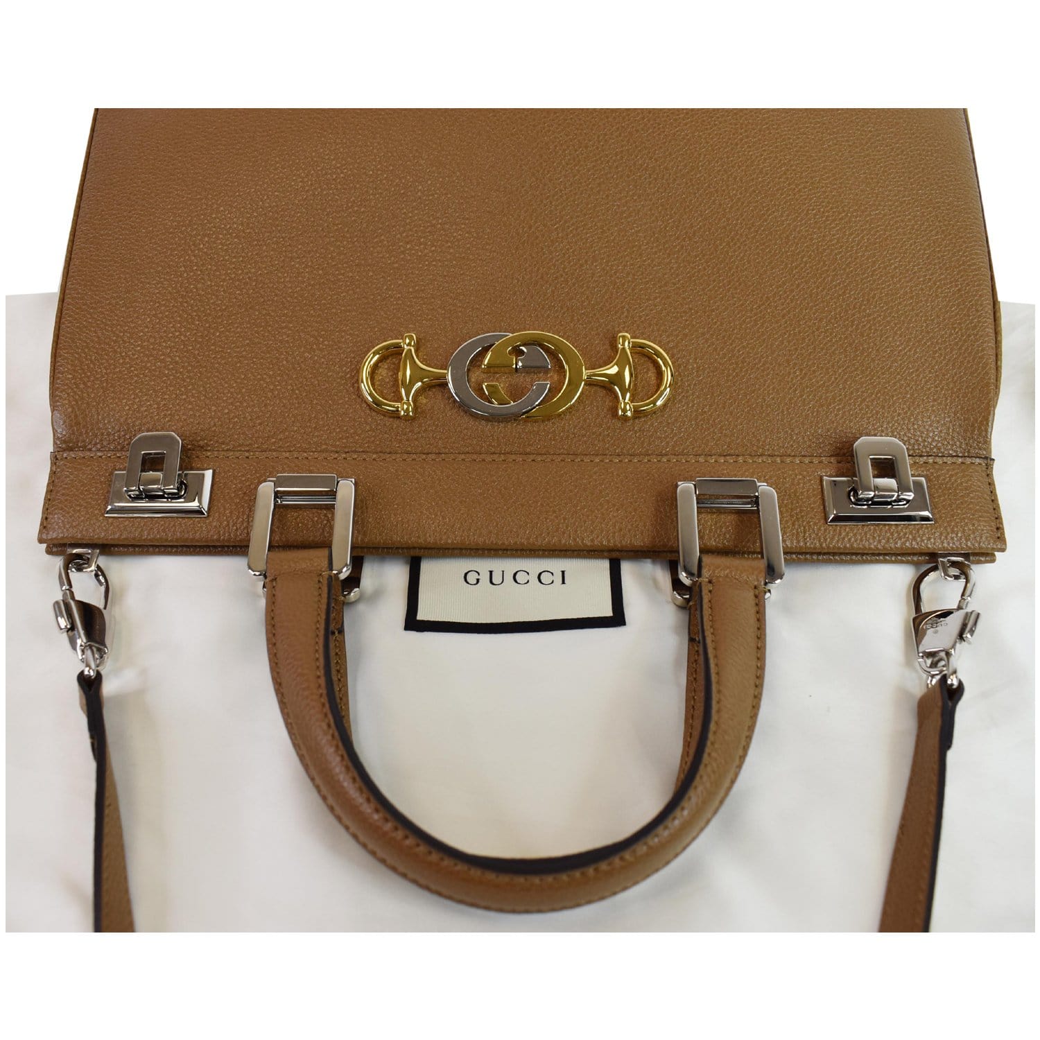 Gucci Zumi Grainy Top Handle Bag Taupe Leather Medium Shoulder Bag