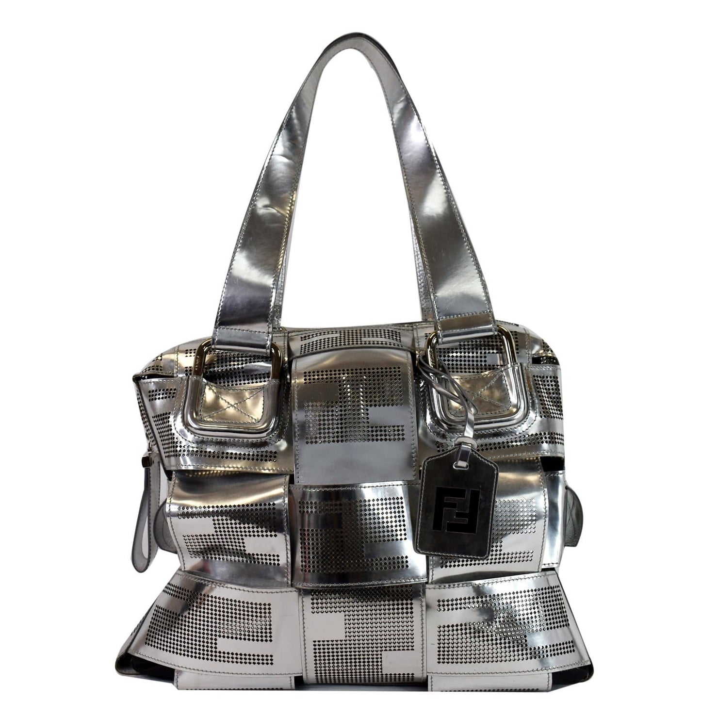 Fendi Crossword Metallic Perforated Shoulder Bag Leather Silver