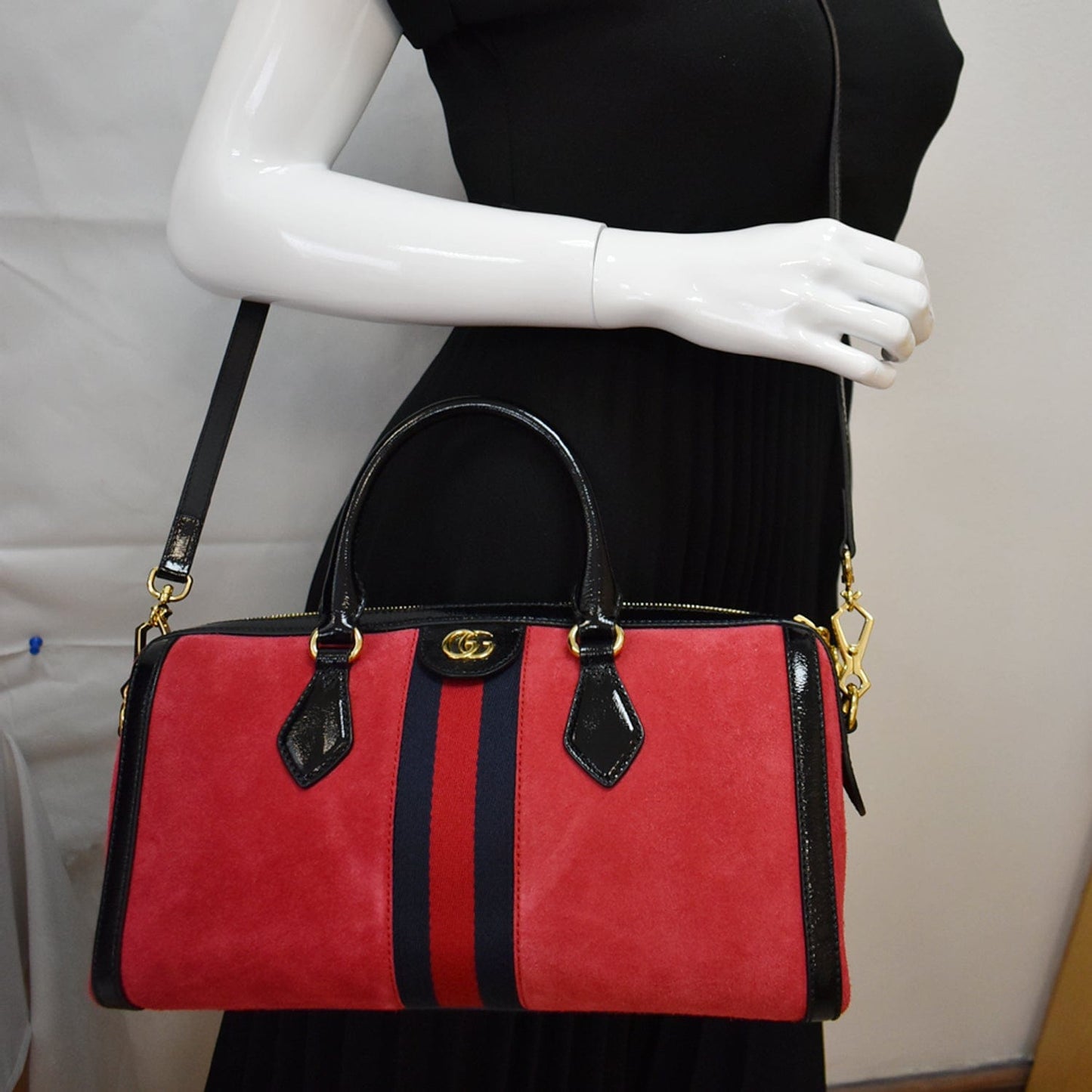 Gucci Ophidia Top Handle Boston Bag Suede Red Travel Bag