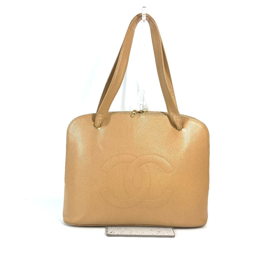 Chanel Caviar skin CC COCO Mark Beige Shoulder Bag D 7