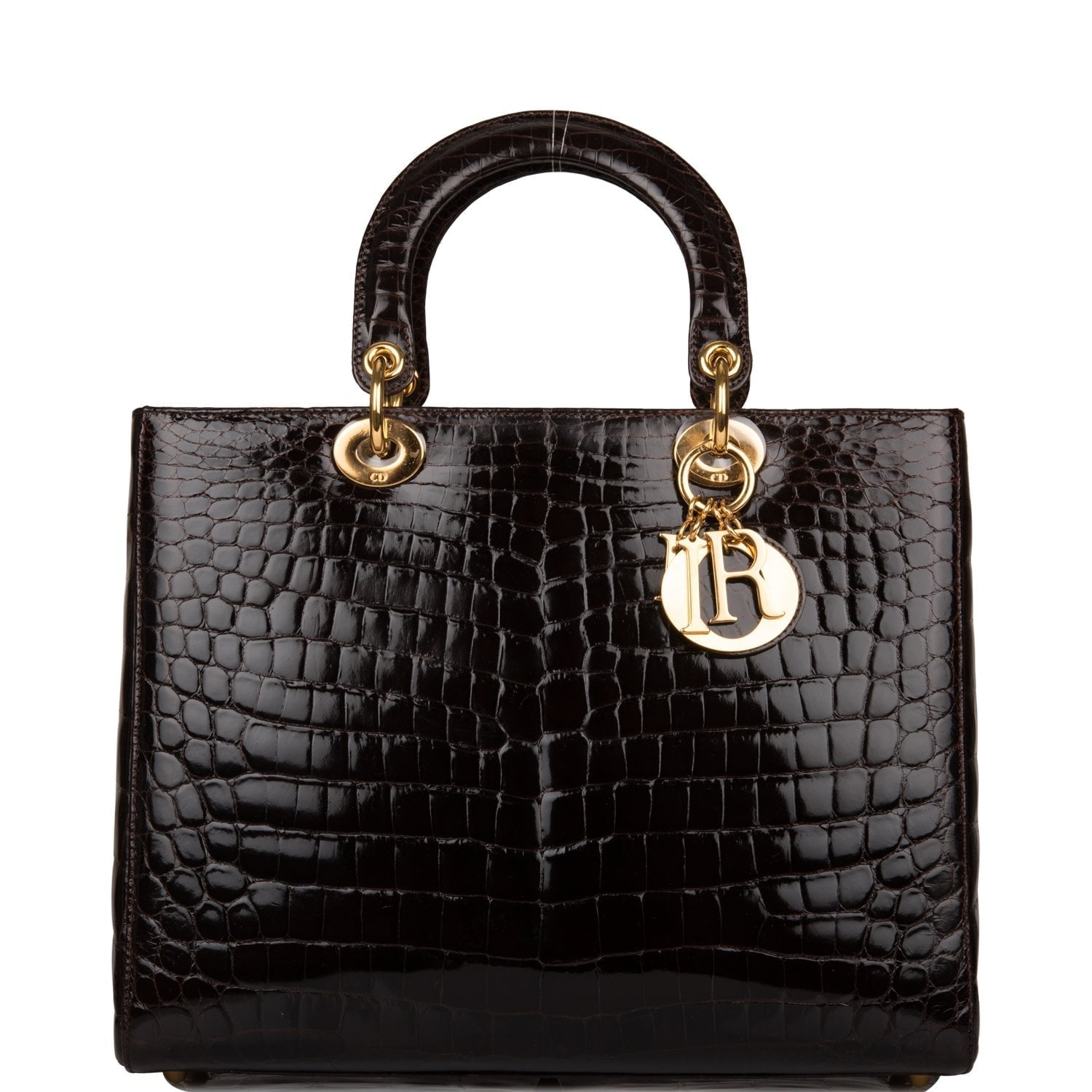 Dior Christian Dark Lady Alligator Tote Hardware Brown Gold Large Tote Bag