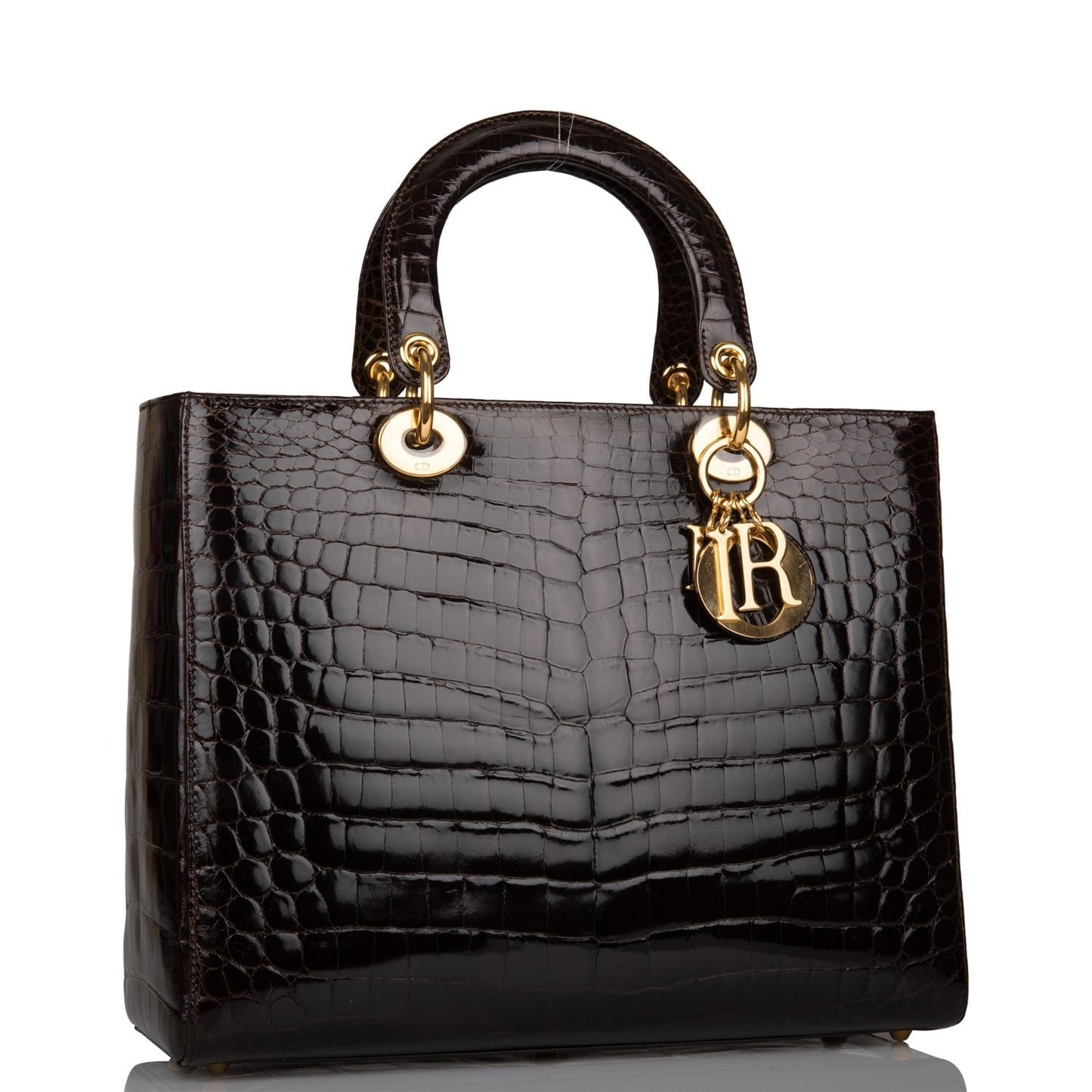 Dior Christian Dark Lady Alligator Tote Hardware Brown Gold Large Tote Bag
