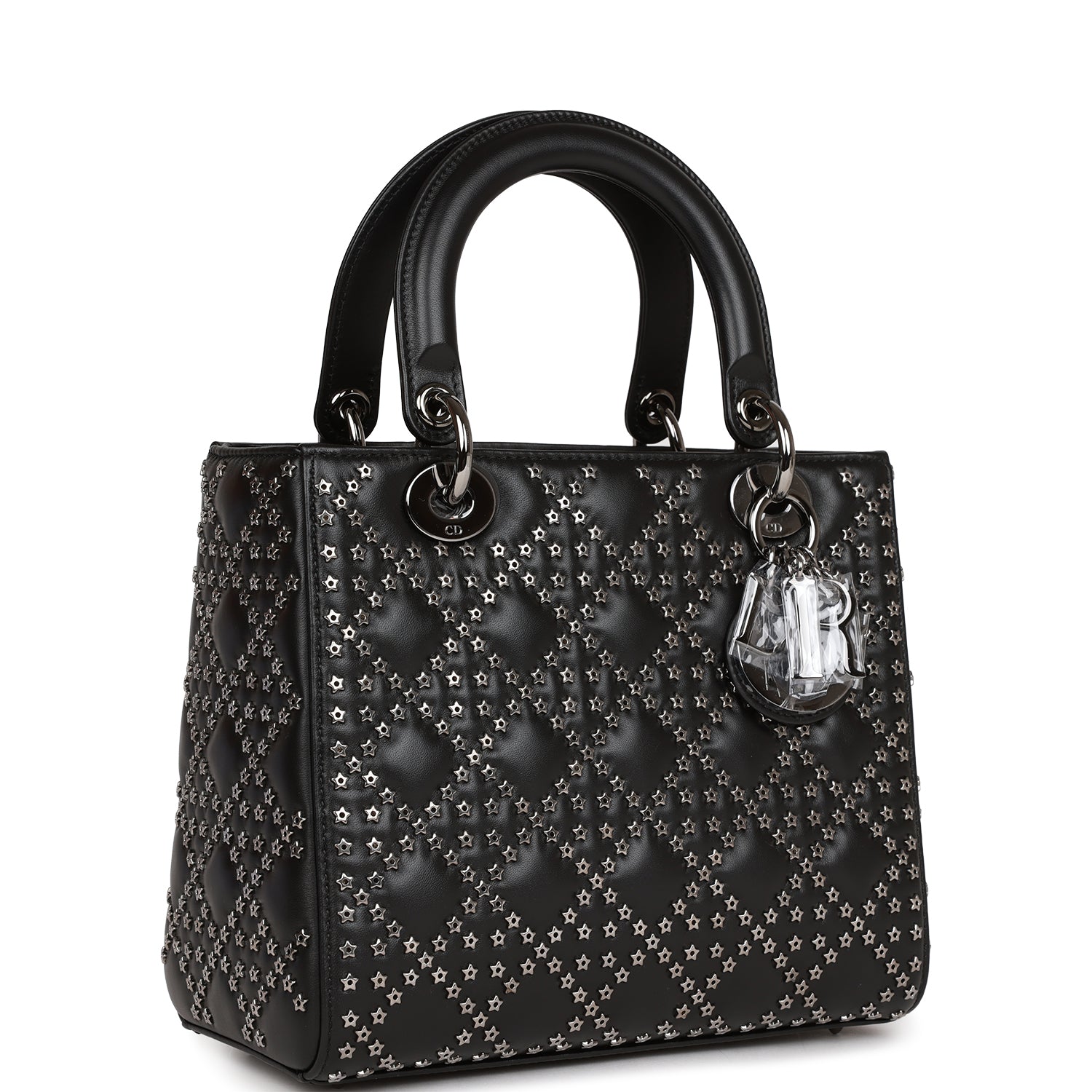 Dior Christian Lucky Star Lady Tote Ruthenium Hardware Lambskin Black Medium Tote Bag