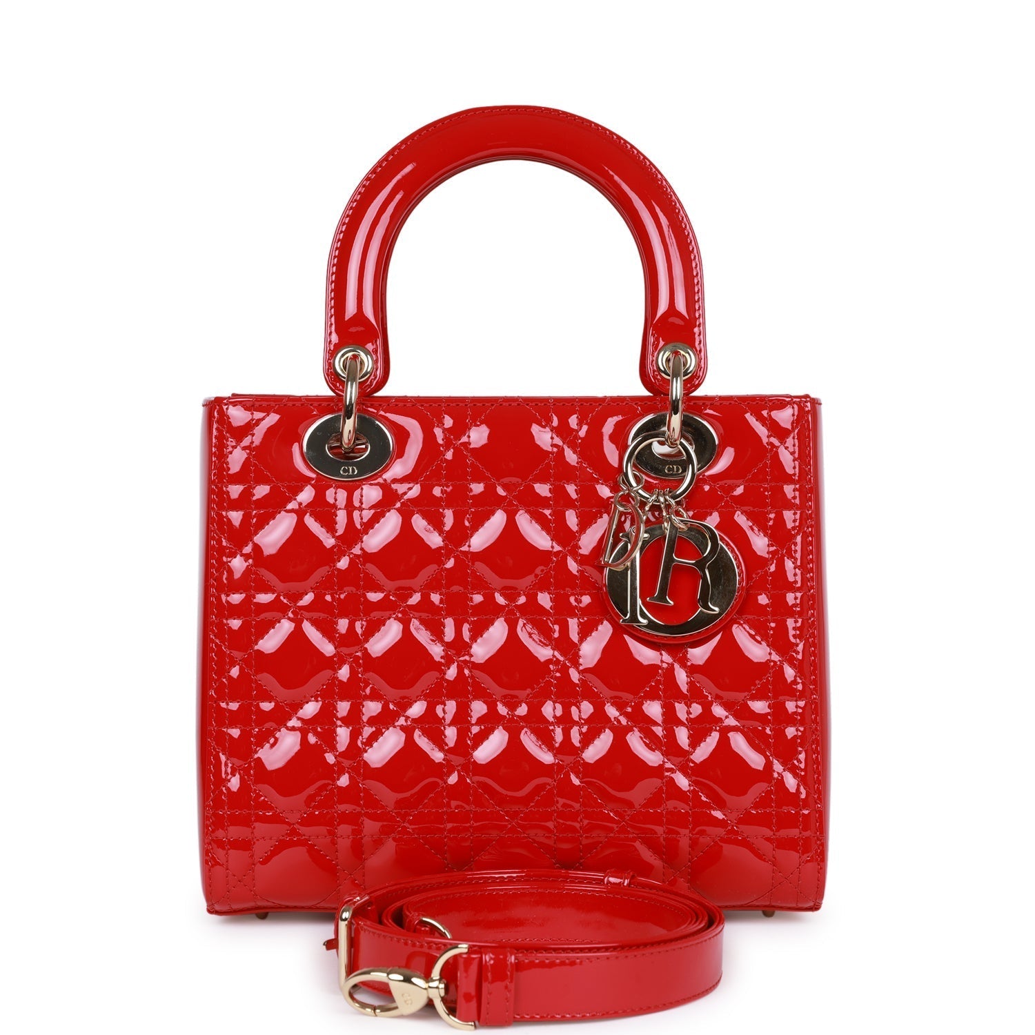 Dior Christian Lady Tote Hardware Patent Red Gold Tote Bag