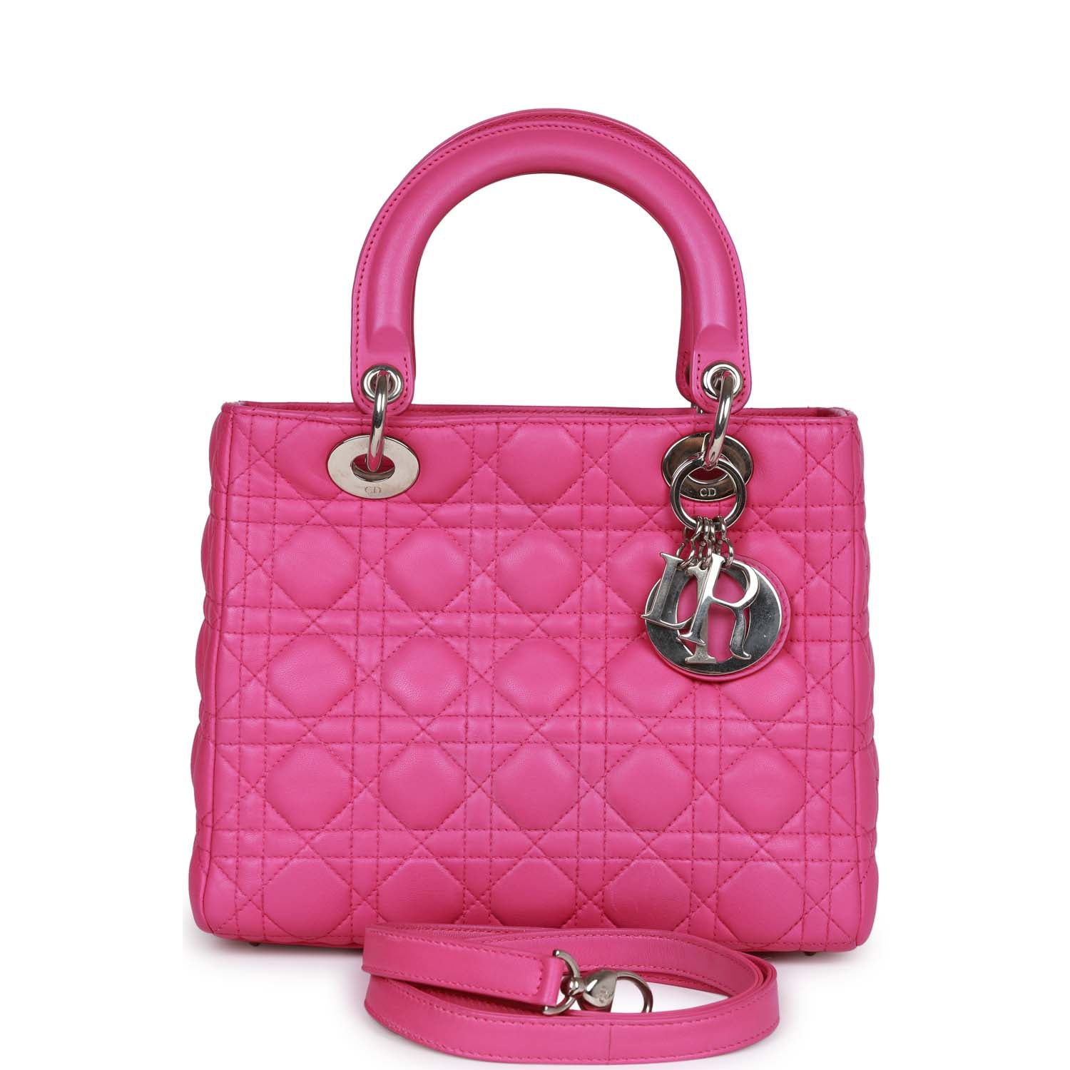 Dior Christian Lady Tote Fuchsia Hardware Lambskin Silver Medium Tote Bag