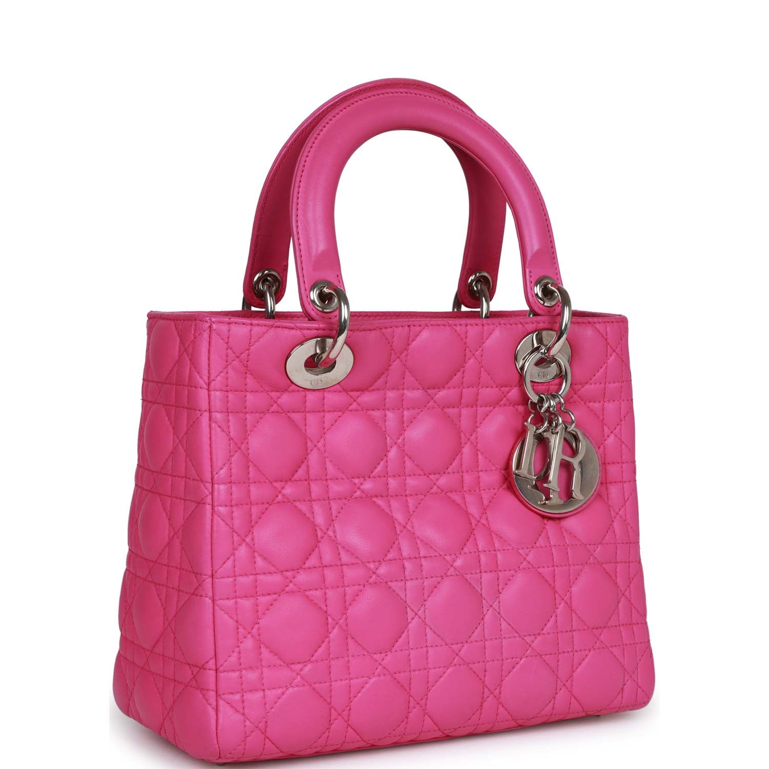 Dior Christian Lady Tote Fuchsia Hardware Lambskin Silver Medium Tote Bag