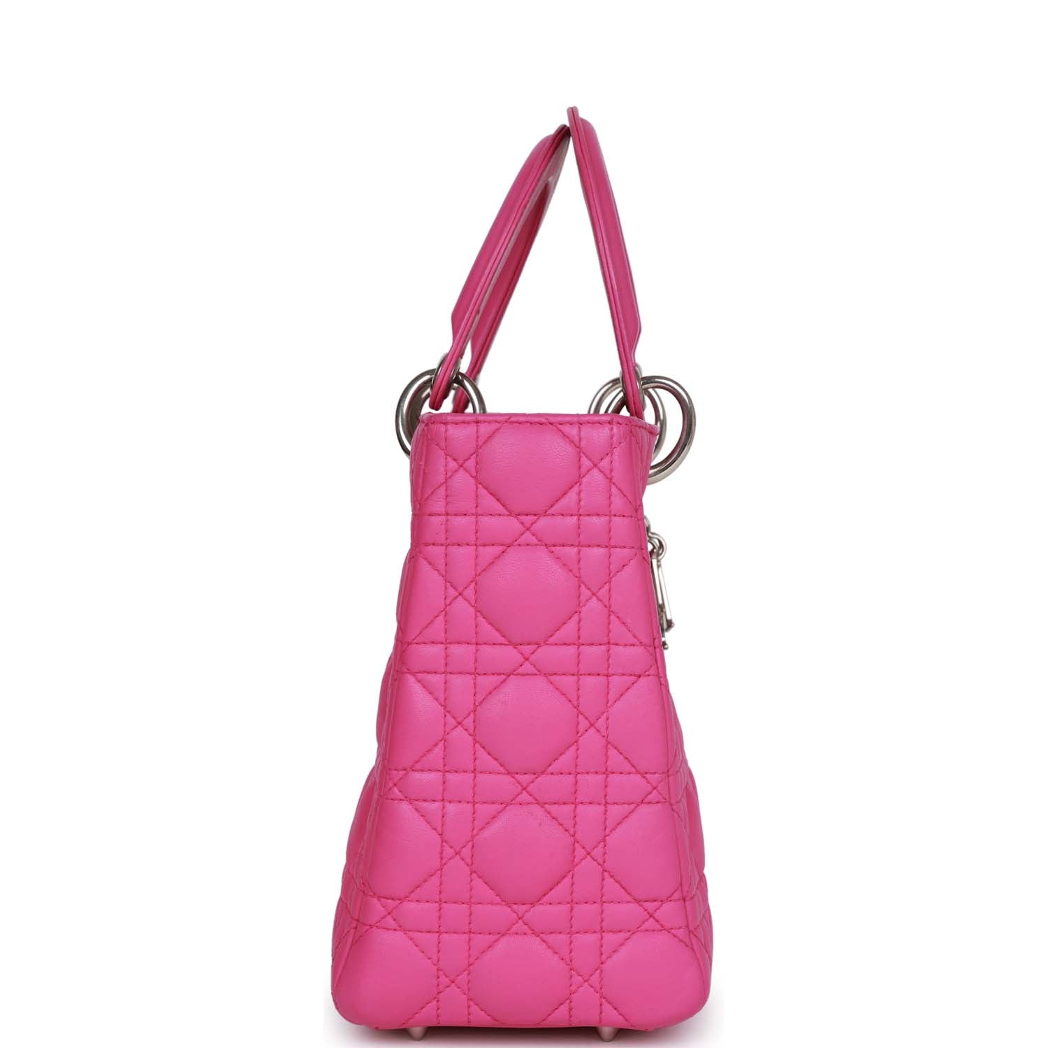 Dior Christian Lady Tote Fuchsia Hardware Lambskin Silver Medium Tote Bag