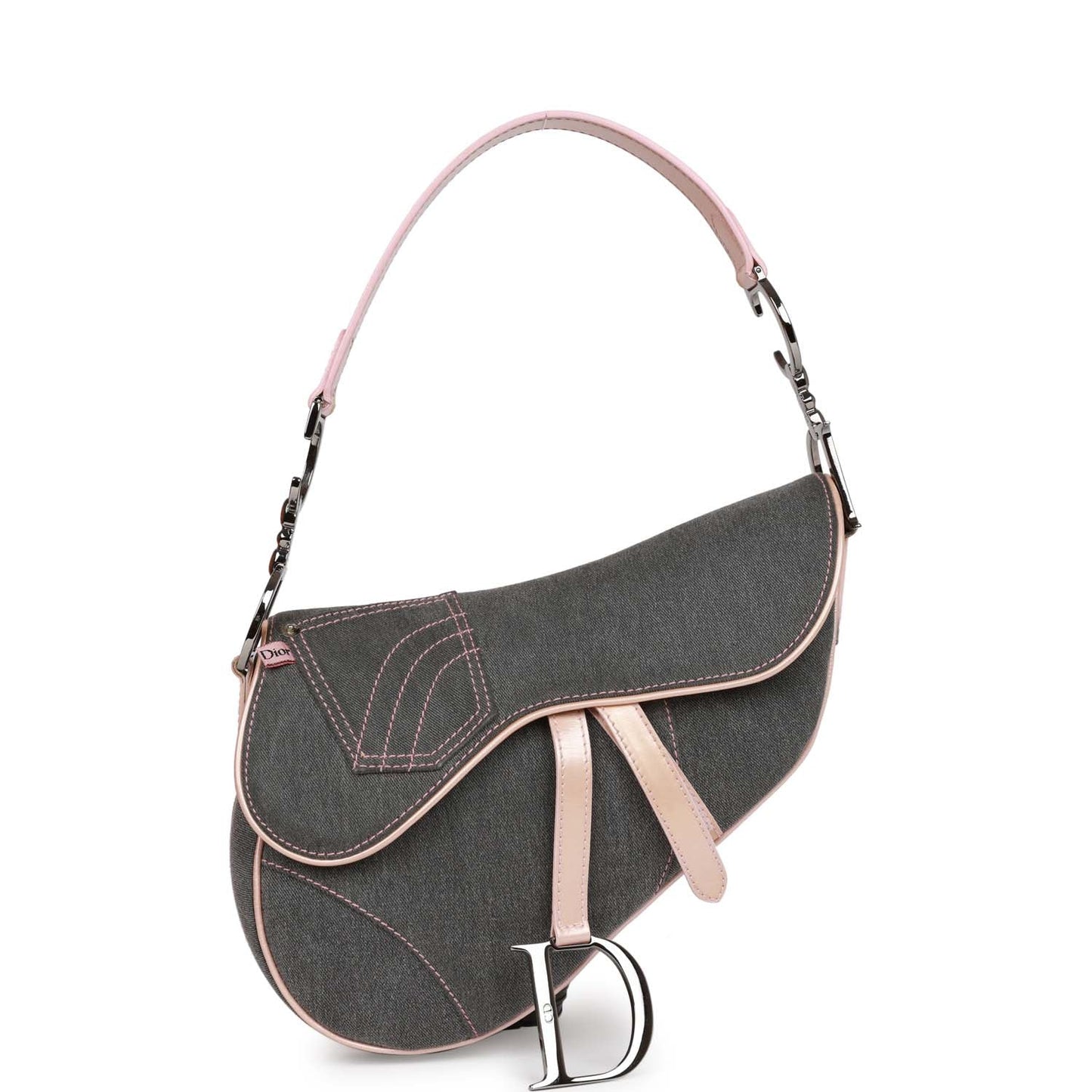Dior Christian Saddle Bag Grey And Metallic Hardware Leather Denim Pink Travel Bag
