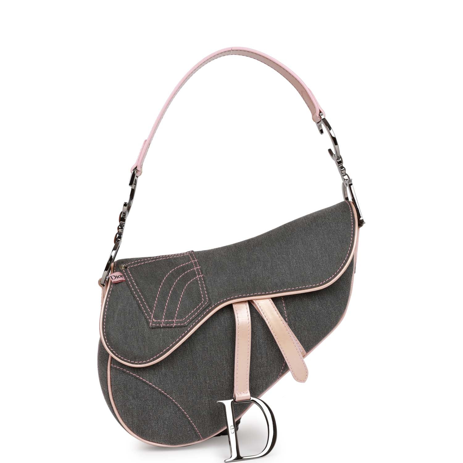 Dior Christian Saddle Bag Grey And Metallic Hardware Leather Denim Pink Travel Bag