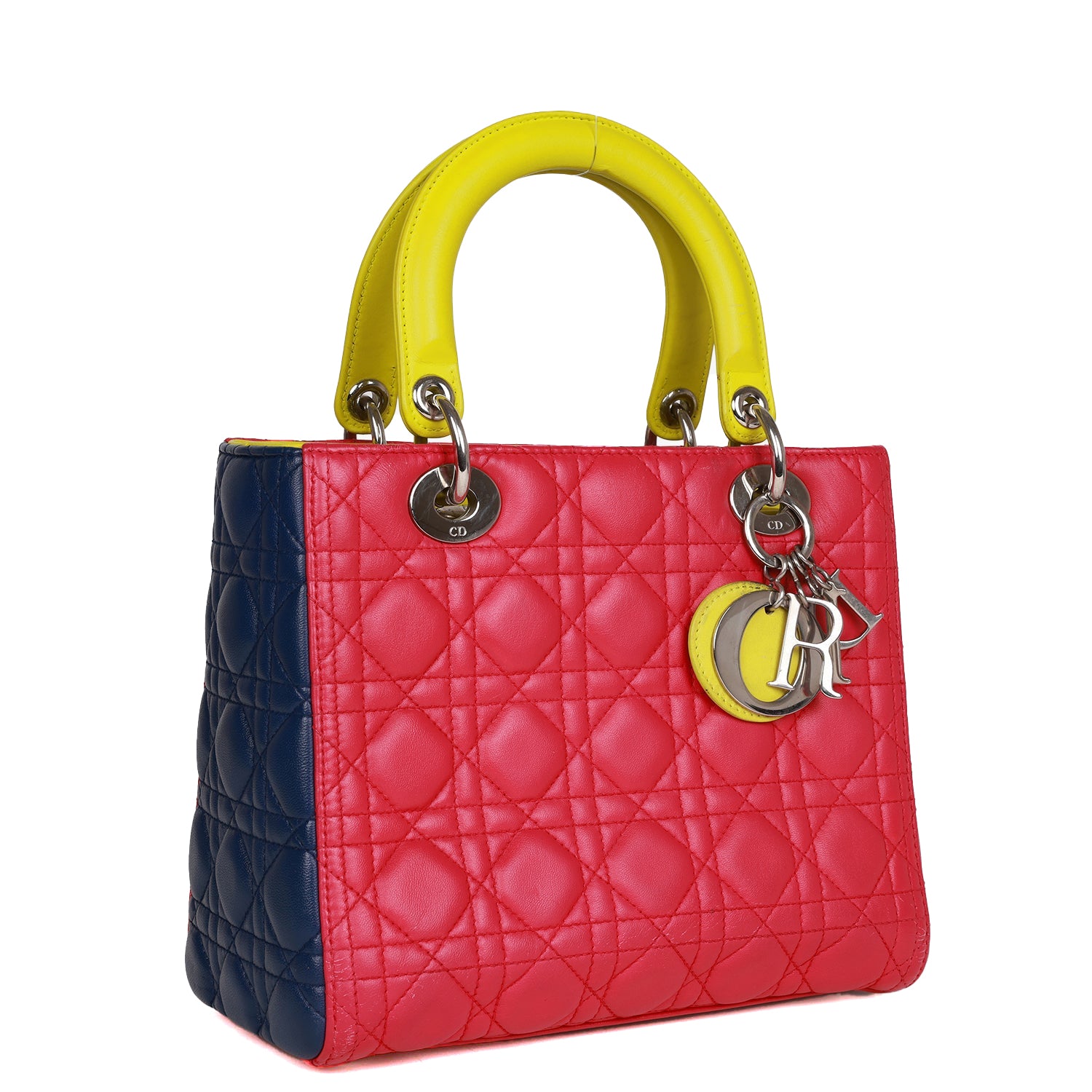 Dior Christian Lady Tricolor Cannage Hardware Tote Bag Lambskin Silver Medium