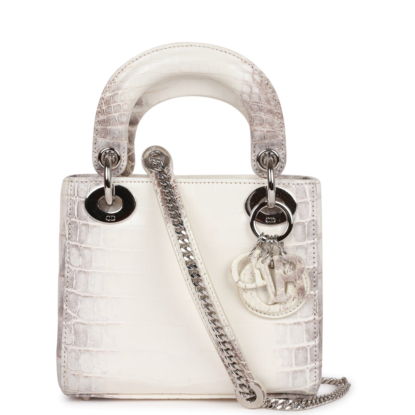 Dior Christian Lady Tote Himalaya Crocodile Hardware White Silver Small Tote Bag