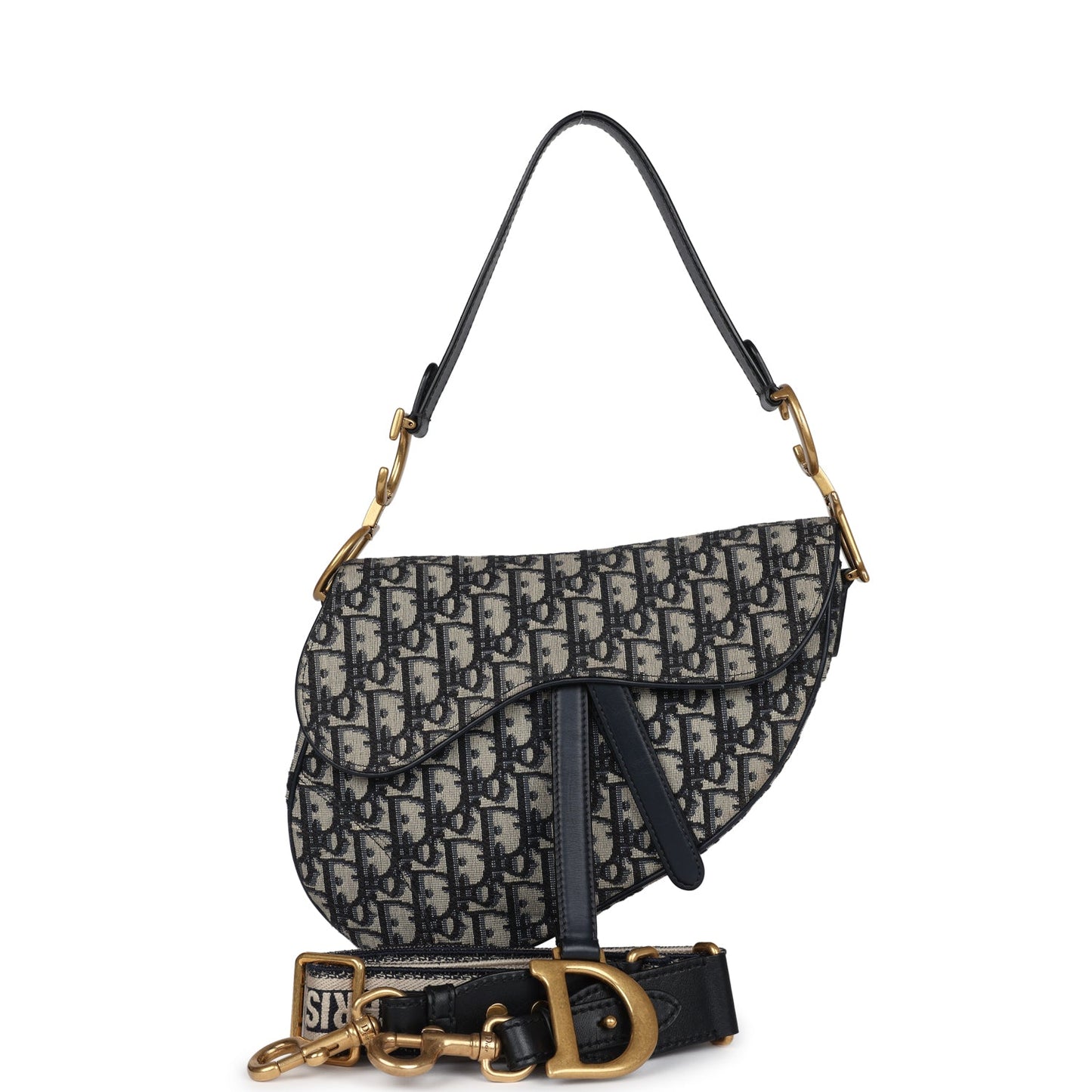 Dior Christian Saddle Bag Oblique Jacquard Antique Hardware Blue Gold Navy Travel Bag