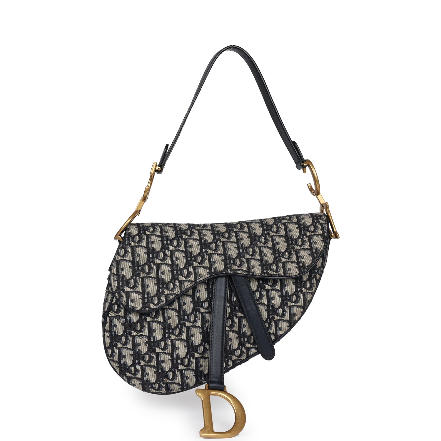 Dior Christian Saddle Bag Oblique Jacquard Antique Hardware Blue Gold Navy Travel Bag