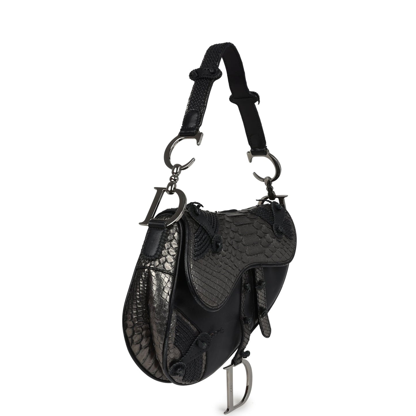 Dior Christian Saddle Bag Gunmetal And Hardware Leather Python Black Shoulder Bag