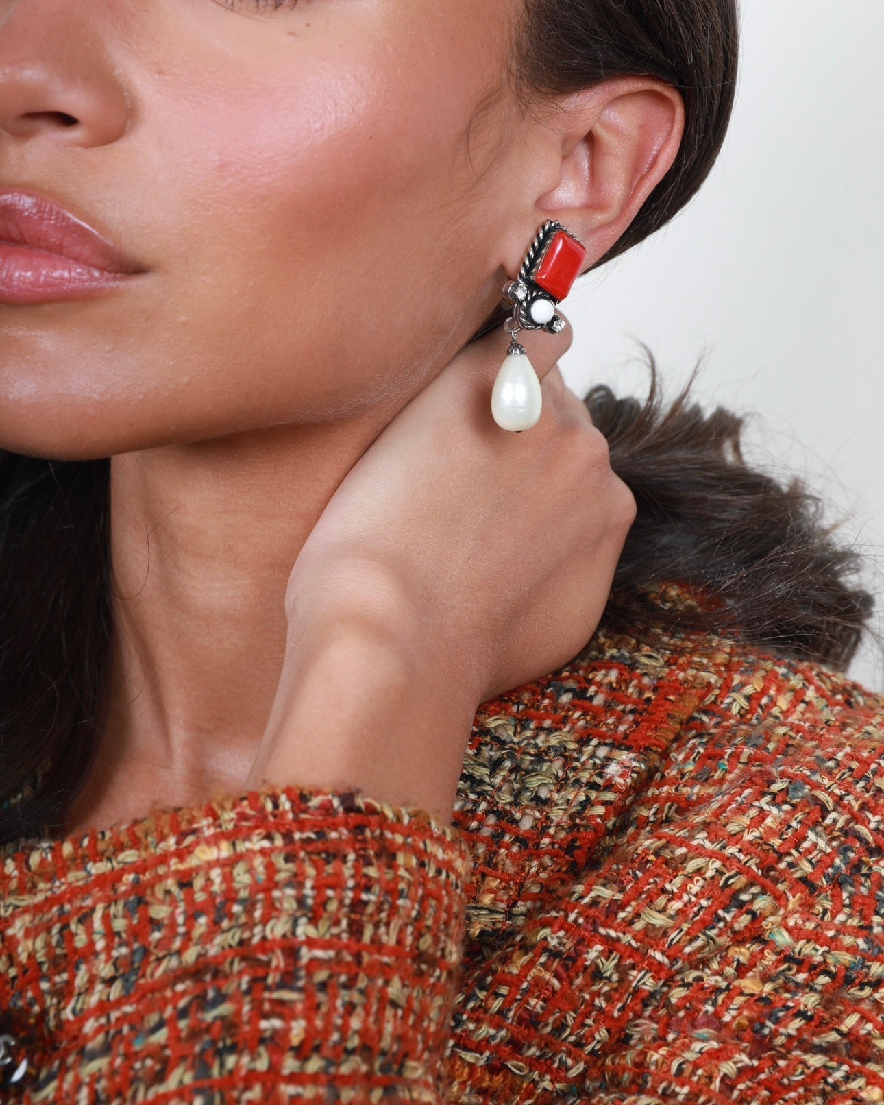 Chanel Silver 96P Red,crystal Pearl Drop Detail Clip on Earrings