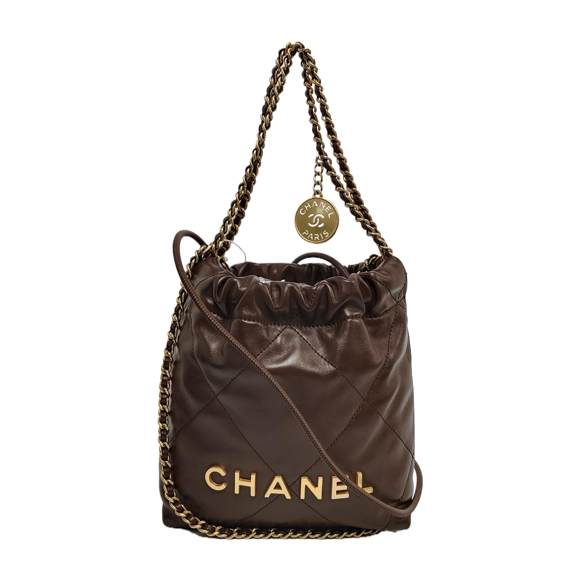 Chanel 22 Hobo Shiny Calfskin Dark Chocolate Brown Gold Leather Shoulder Bag