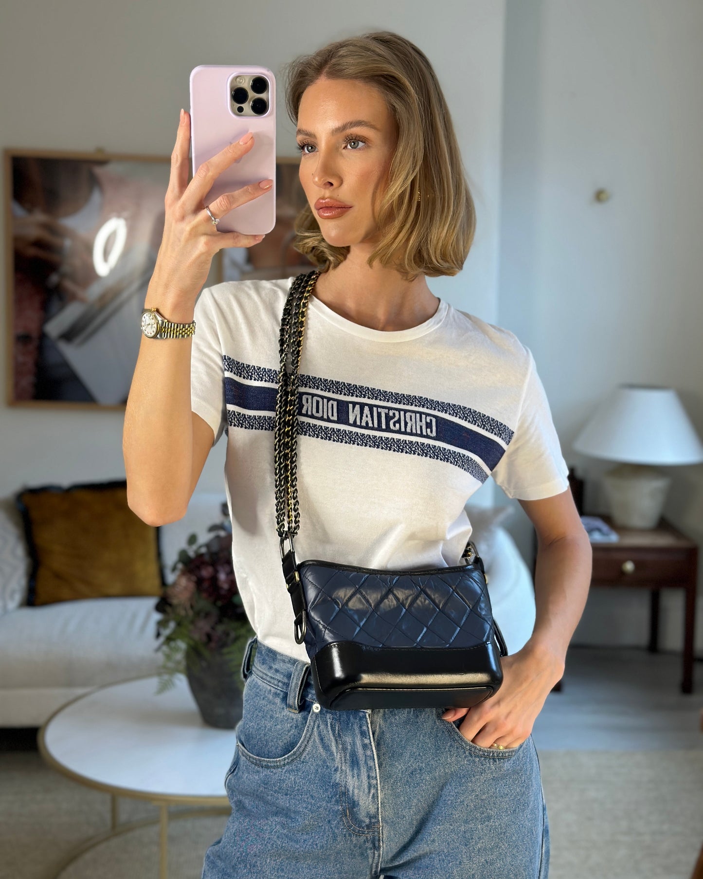 Chanel *Fire Price* Blue & Black Small Gabrielle Bag In Lambskin Leather With Mixed Hardware