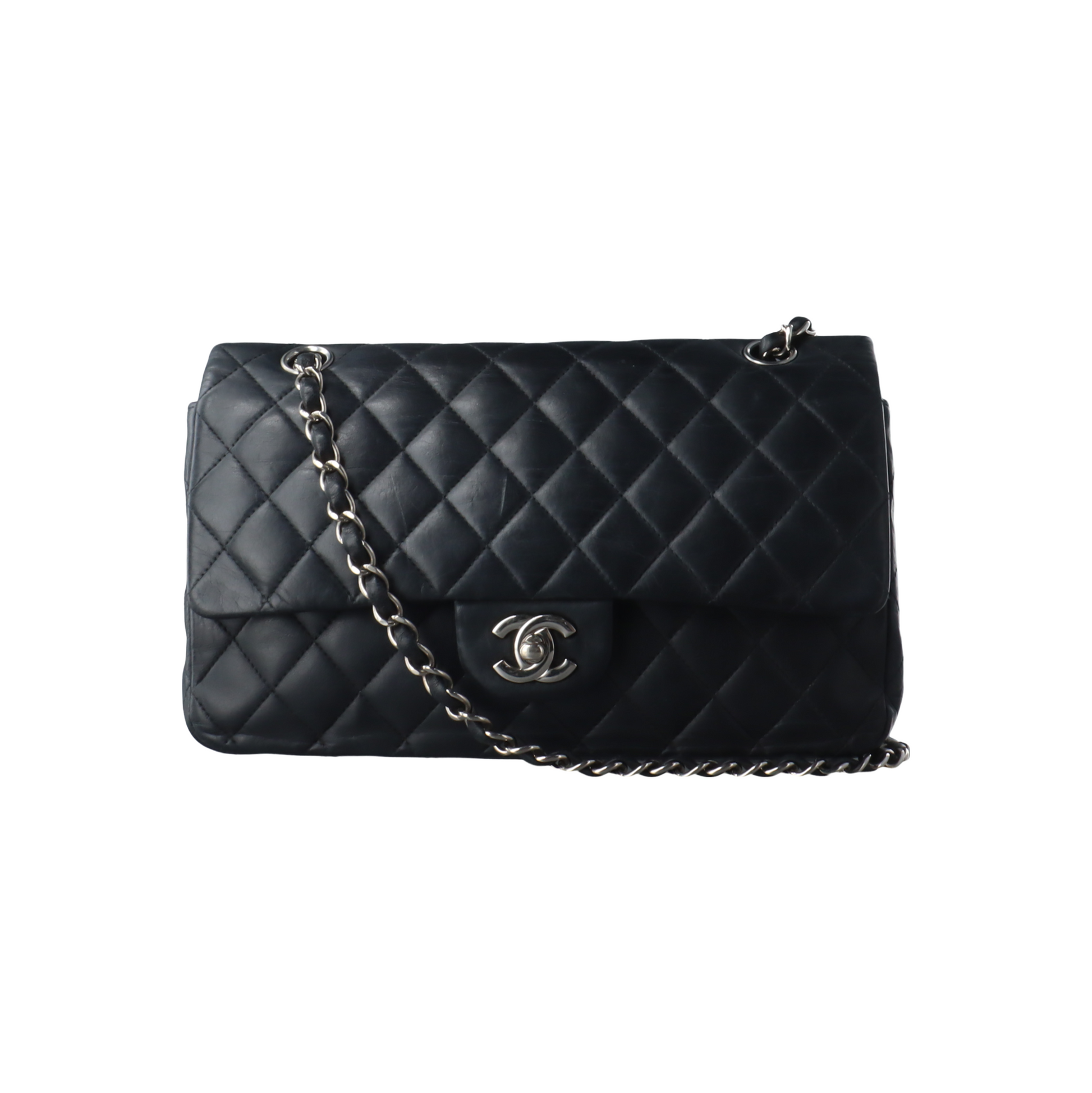 Chanel Timeless Classic Flap Lambskin Hardware Black Silver Leather Handbag