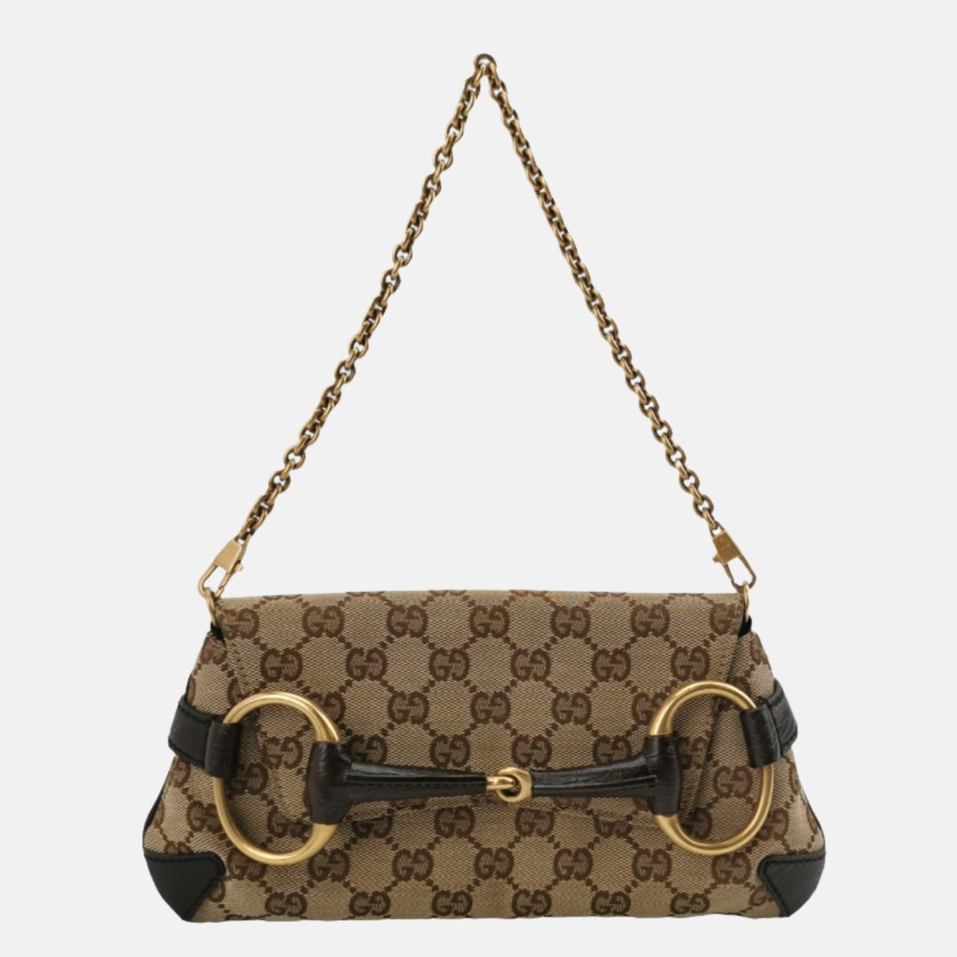Gucci Horsebit Chain Cloth Monogram Leather Brown Beige Shoulder Bag