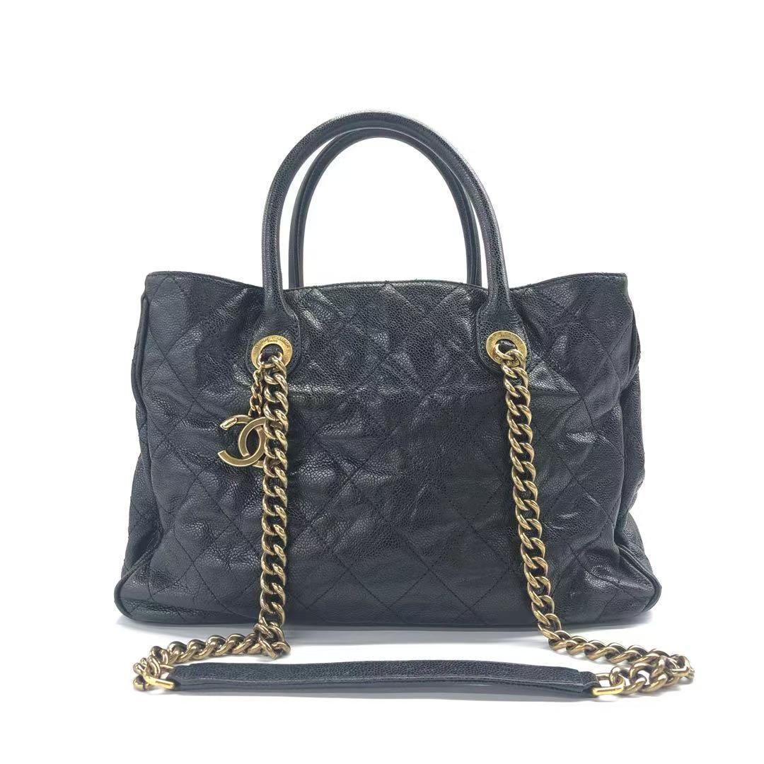 Chanel Shiva Quilted Shiny Caviar Hardware Black Gold Leather Tote Bag
