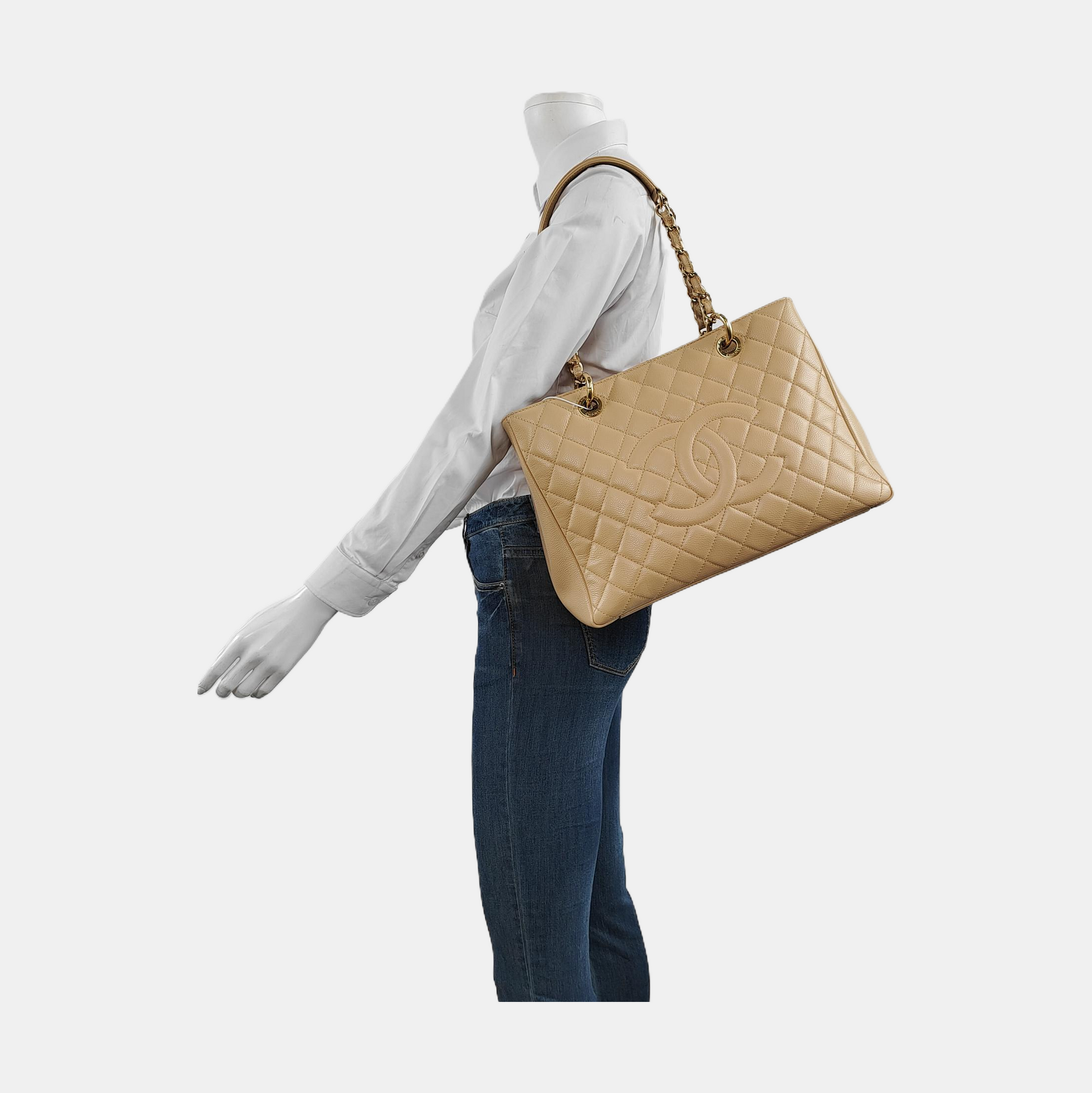 Chanel GST Grand Shopping Caviar Hardware Gold Beige PM Leather Tote Bag